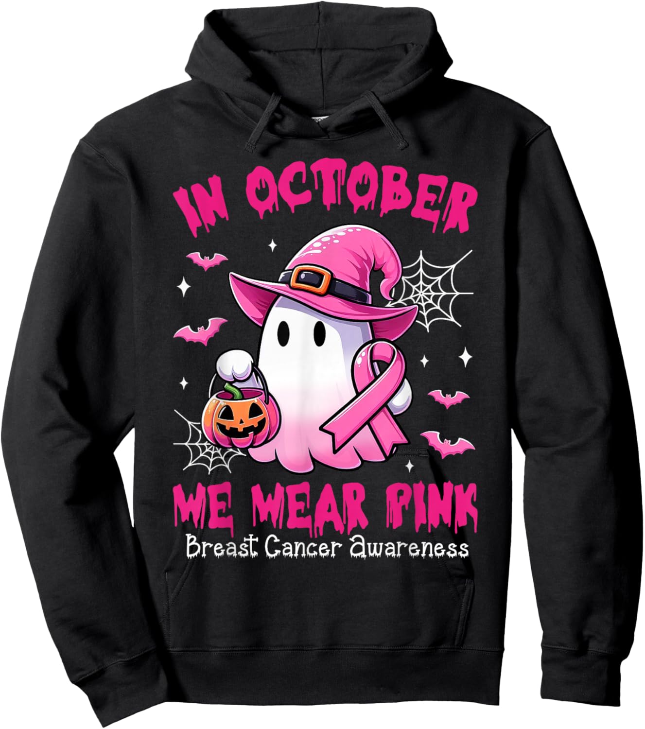 In October We Wear Pink Ghost Witch Breast Cancer Awareness Hoodie - Hoodie | Black