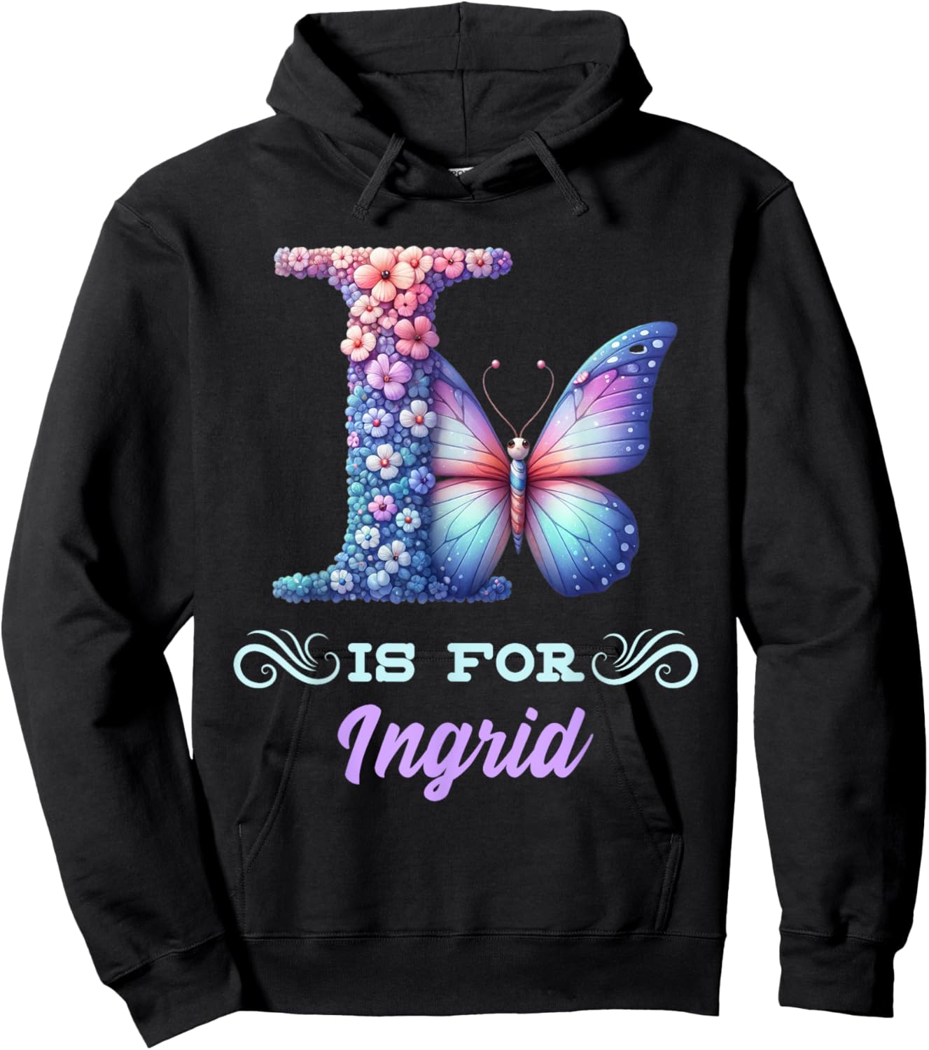 I Is For Ingrid Girly Butterfly And Flower Initial Name Hoodie - Hoodie | Black