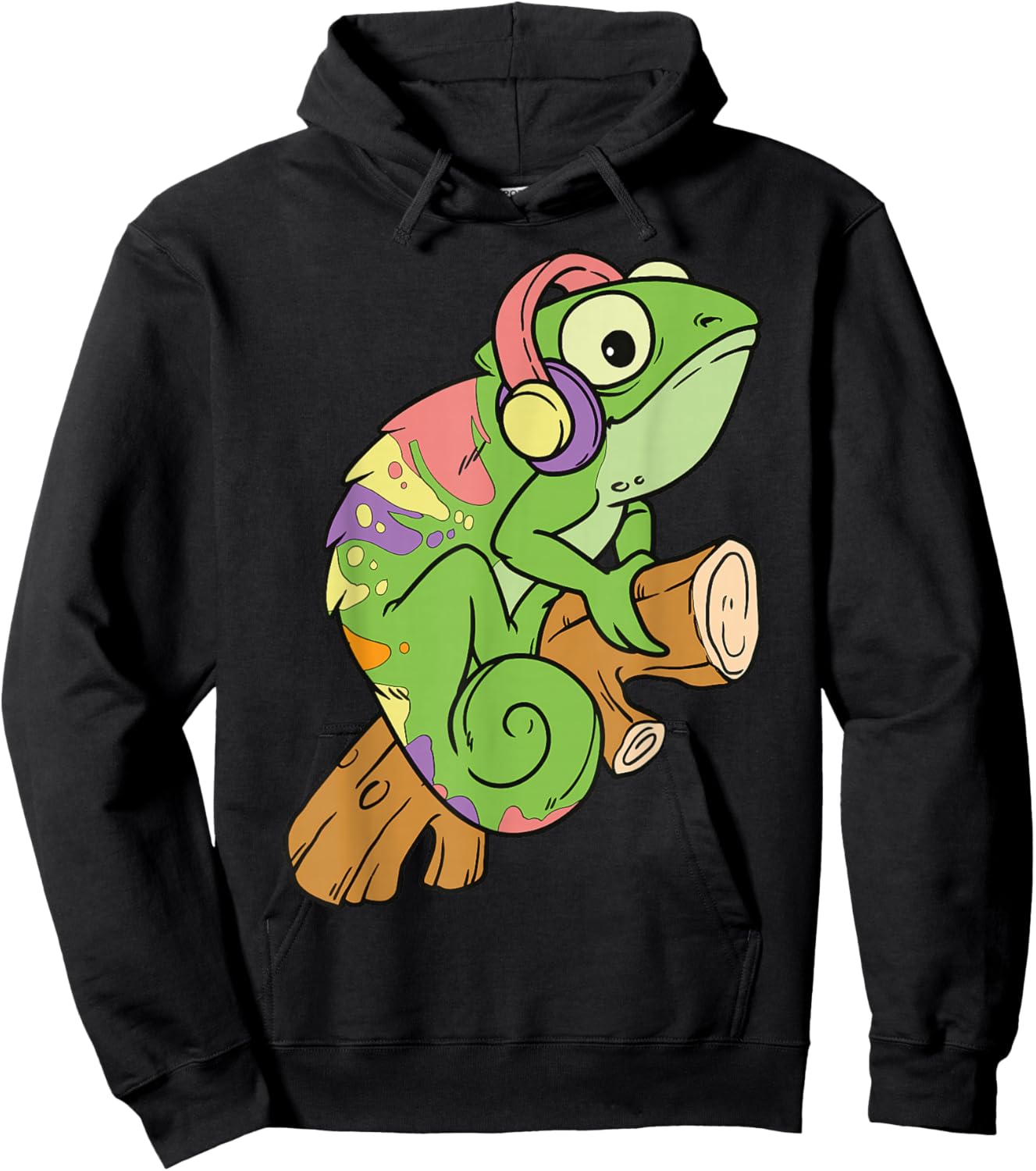 Cartoon Chameleon With Headphones Fun Illustration Hoodie - Hoodie | Black