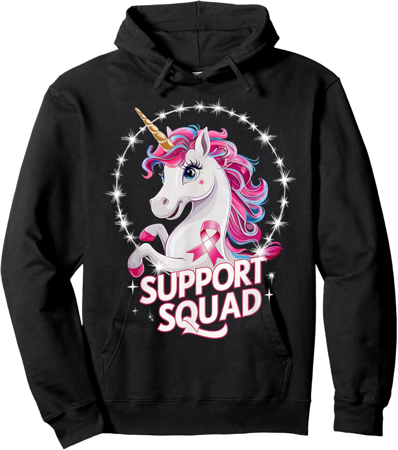 Pink Ribbon Breast Cancer Awareness Support Squad Unicorn Hoodie - Hoodie | Black