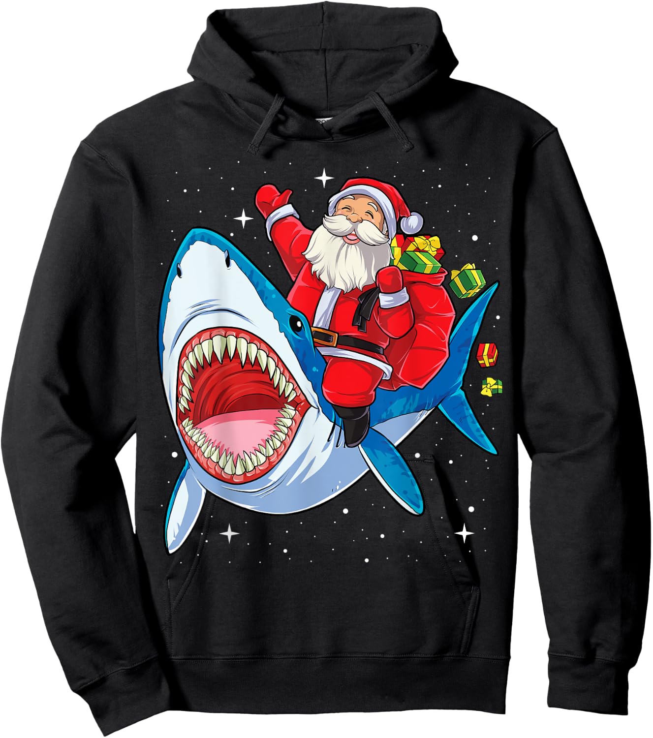 Santa Claus Riding Shark Christmas Boys Merry Sharkmas Xmas Hoodie - Hoodie | Black