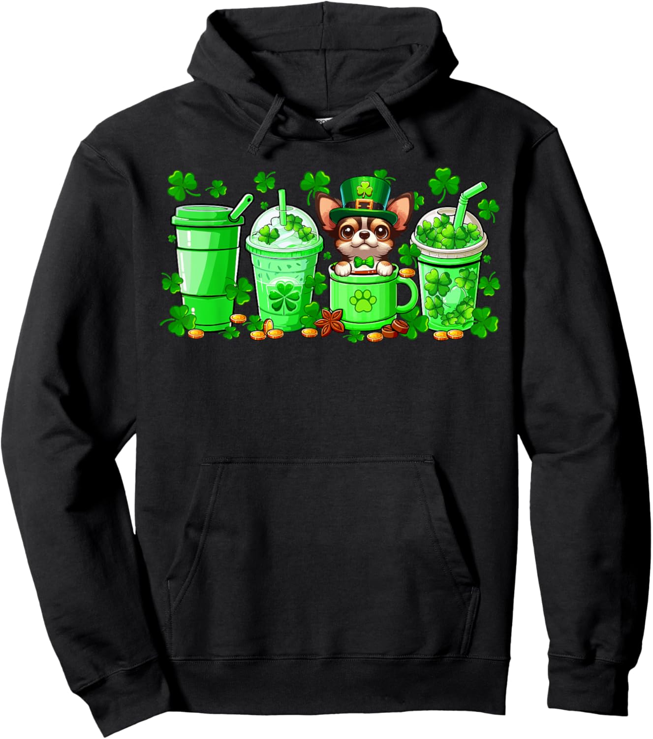Chihuahua Inside Cup Coffees St. Patrick's Day Shamrocks Hoodie - Hoodie | Black