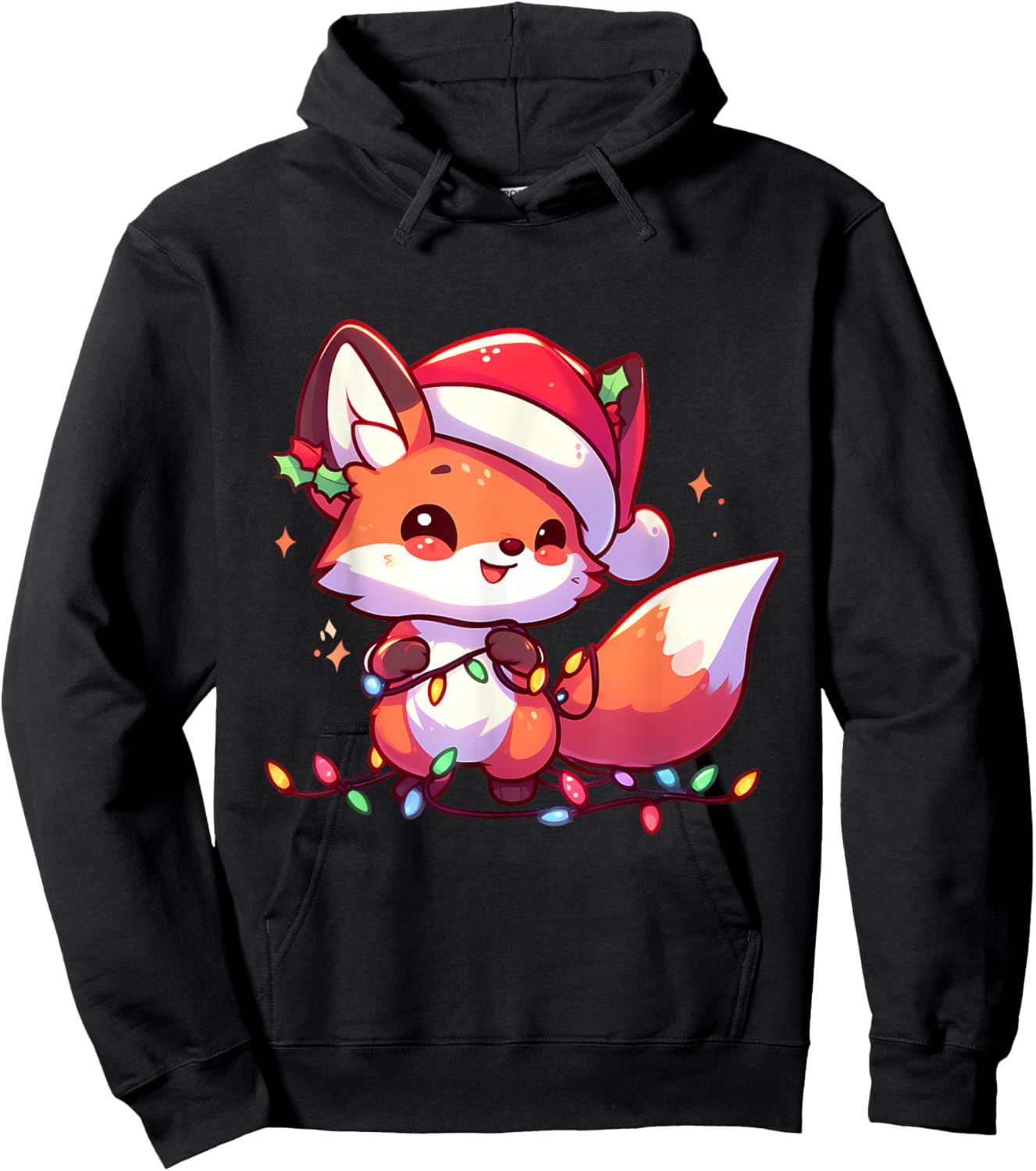 Merry Foxmas Christmas Lights Cute Fox Santa Hat Hoodie - Hoodie | Black