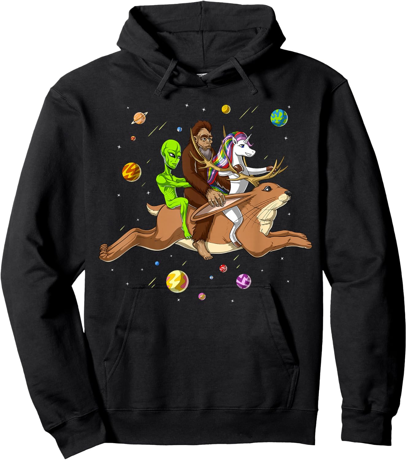 Alien Bigfoot Unicorn Riding Jackalope Cryptozoology Cryptid Hoodie - Hoodie | Black