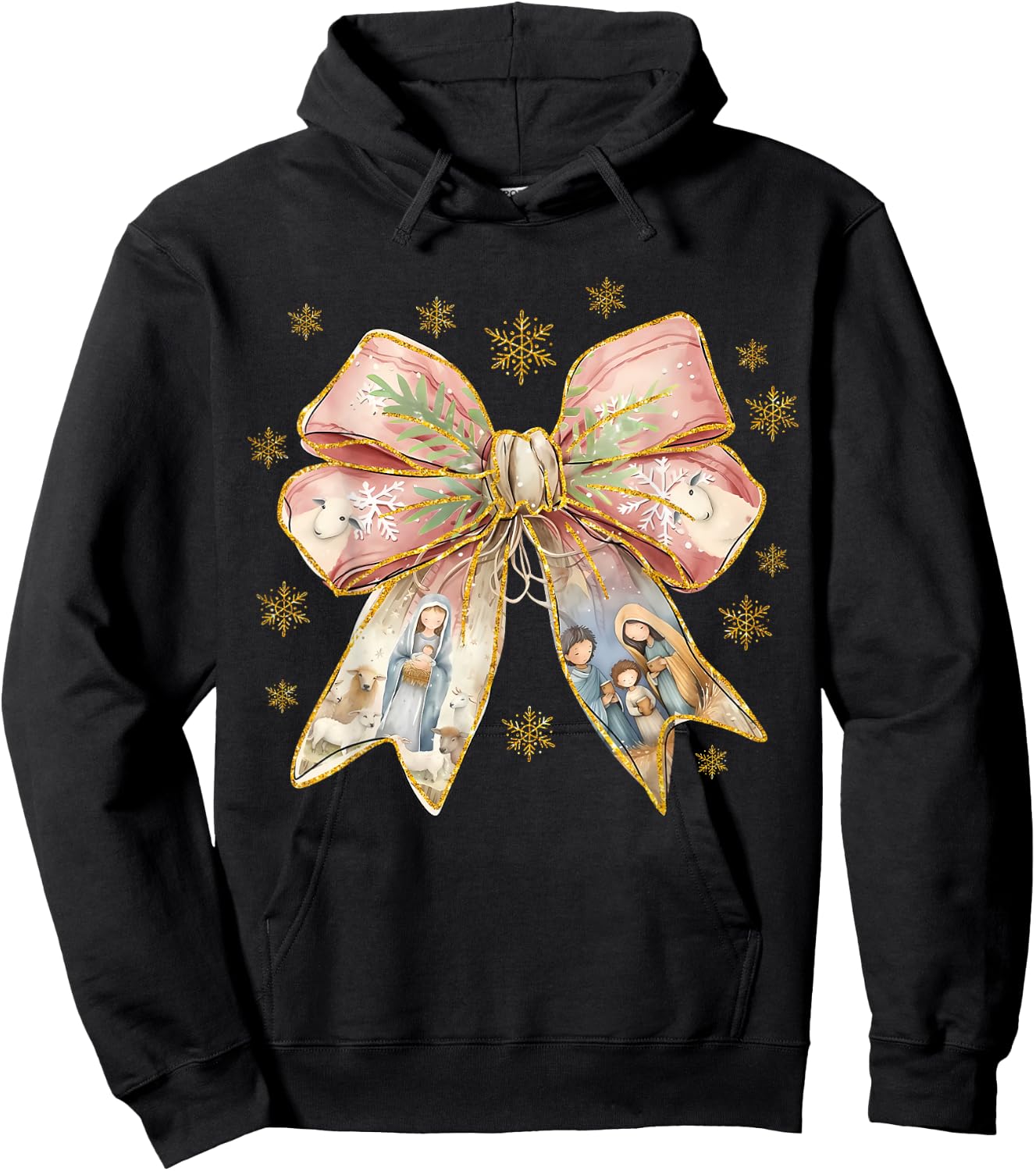 Jesus Christmas Coquette Bow Nativity Scene Christian Women Hoodie - Hoodie | Black