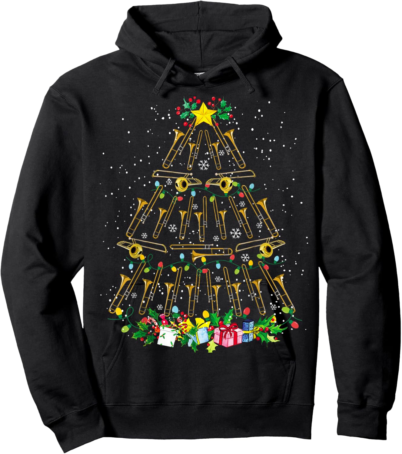 Funny Christmas Trombone Player Xmas Tree Music Lover Santa Hoodie - Hoodie | Black