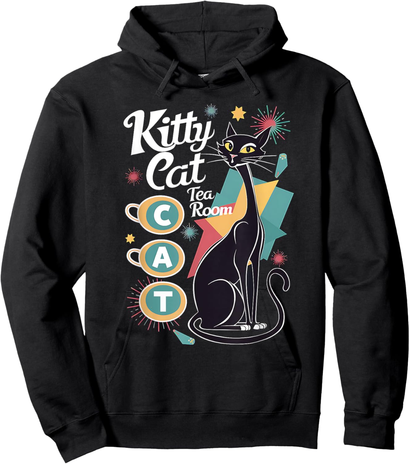 Retro Mid-Century Modern Kitty Cat Tea Room Design Women Hoodie - Hoodie | Black