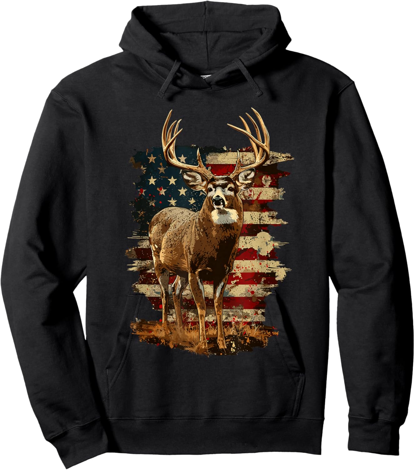 Whitetail Buck Deer Hunting 4th of July USA American Flag Hoodie - Hoodie | Black
