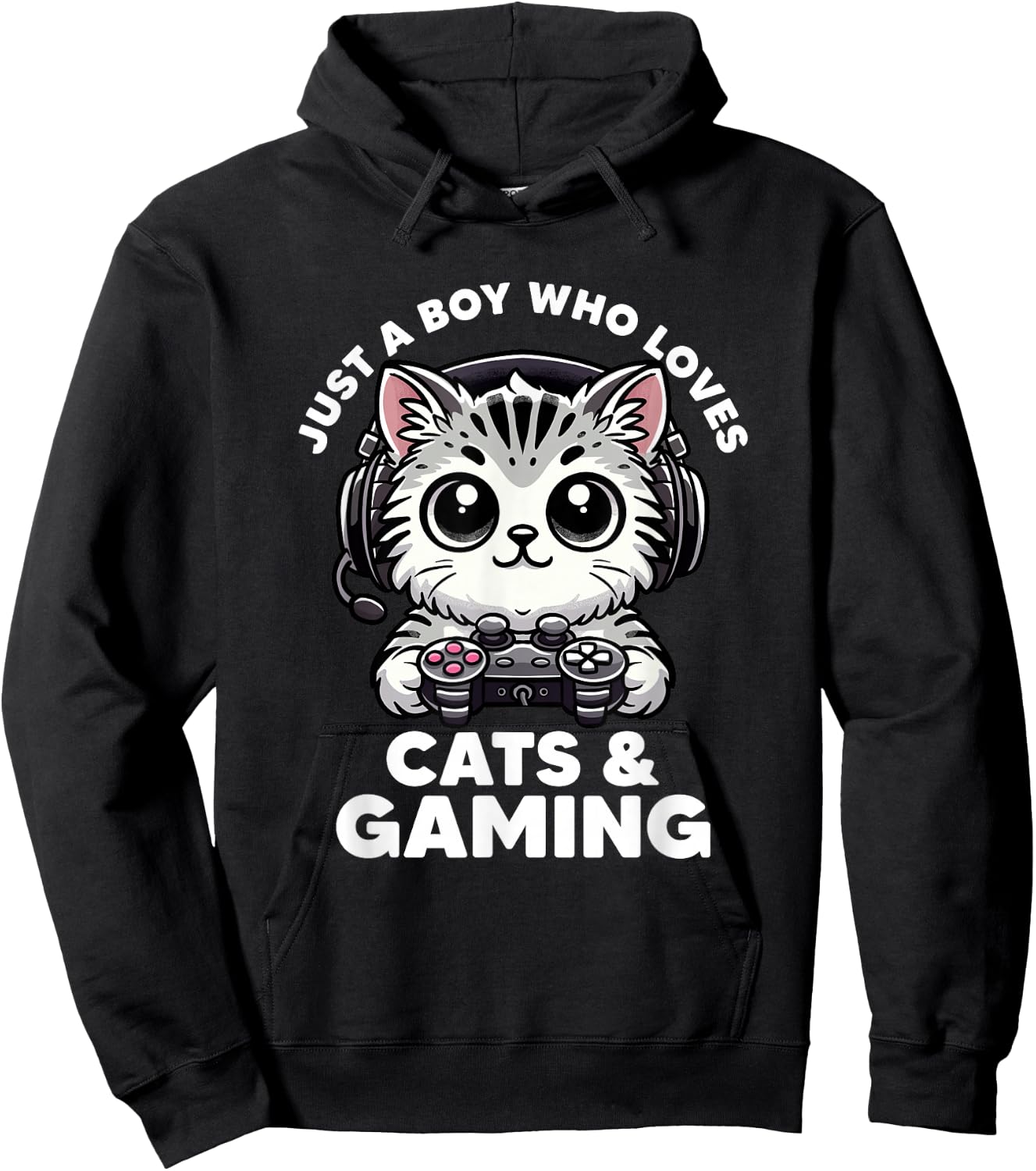 Just A Boy Who Loves Cats & Gaming Boy Cat Dad Funny Gamer Hoodie - Hoodie | Black