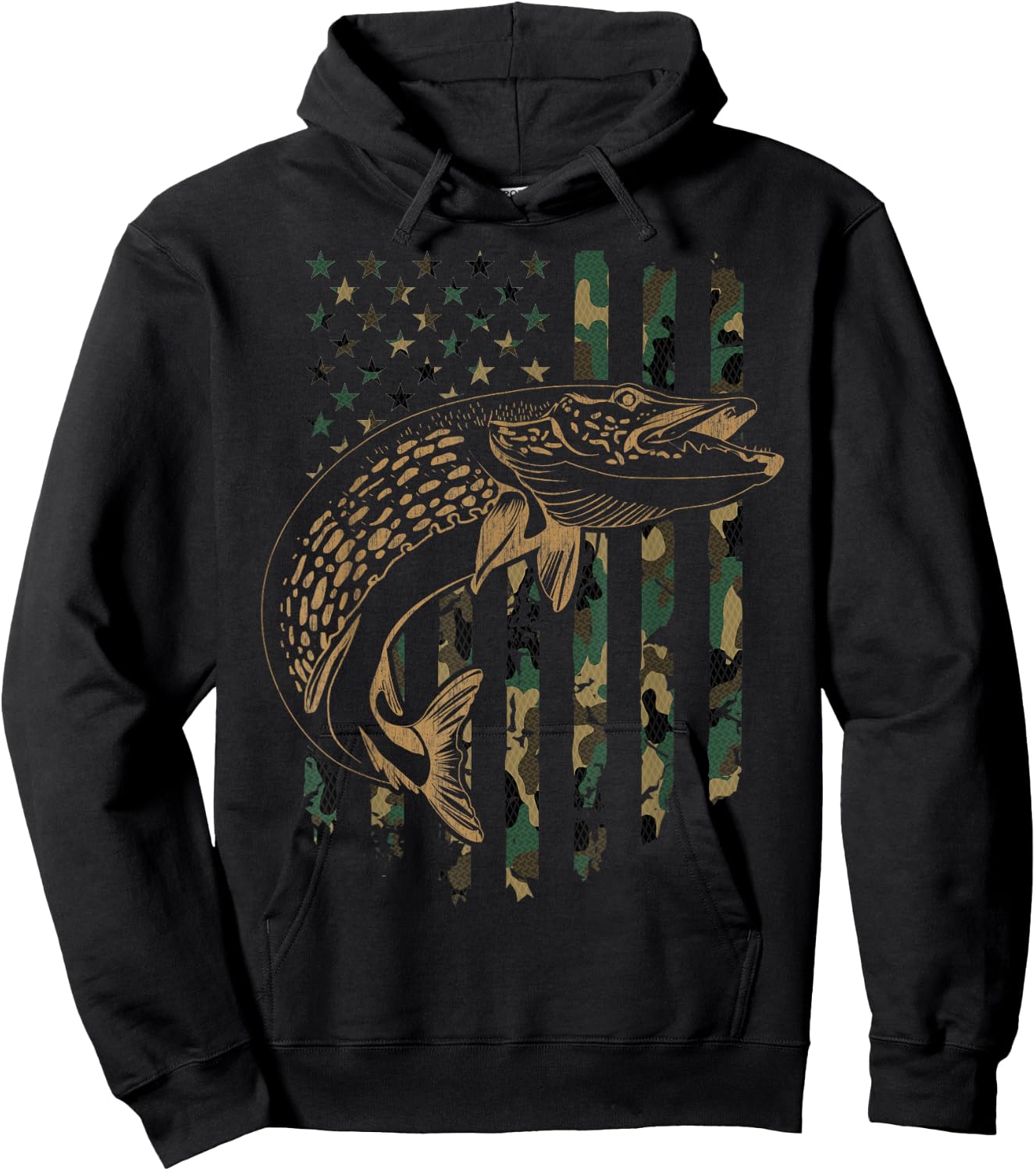 Pike Fishing American Flag Camouflage Muskie Fishing Camo Hoodie - Hoodie | Black