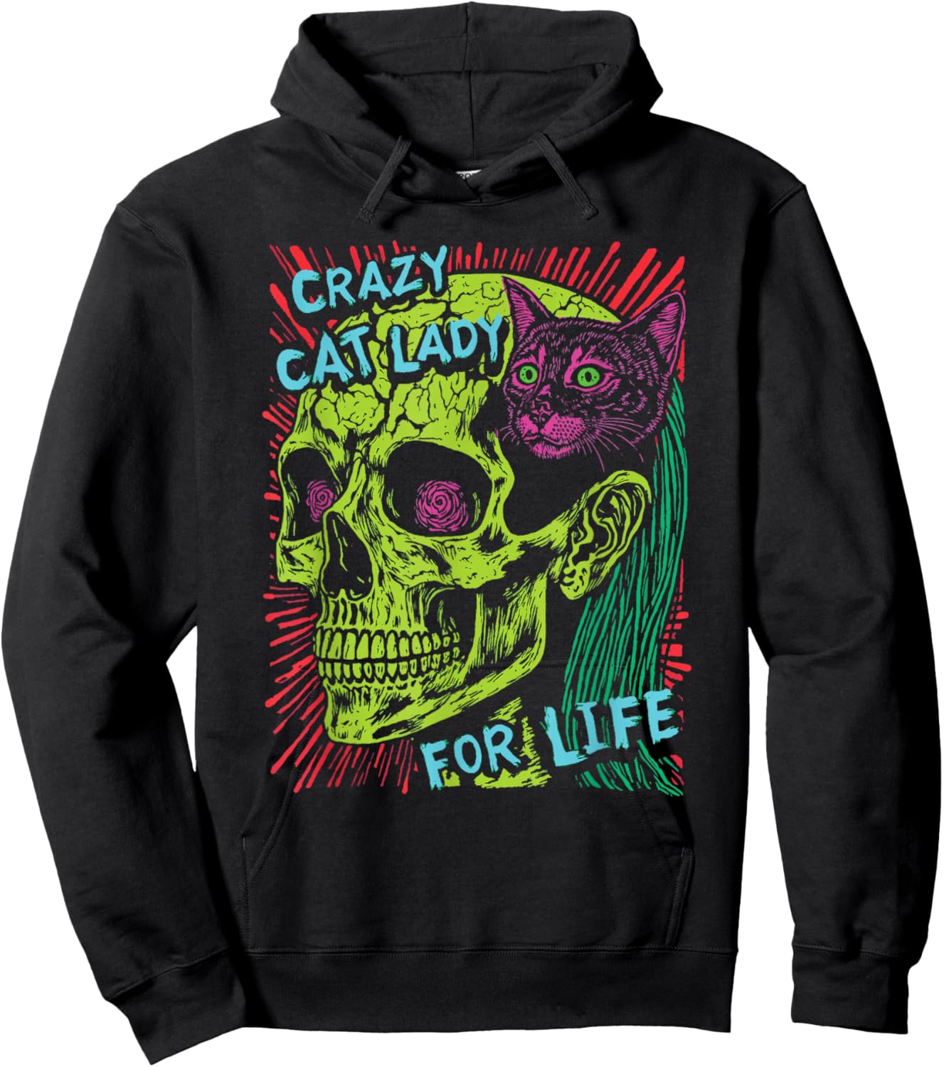 Crazy Cat Lady For Life Goth Punk Grunge Cat With Skull Hoodie - Hoodie | Black