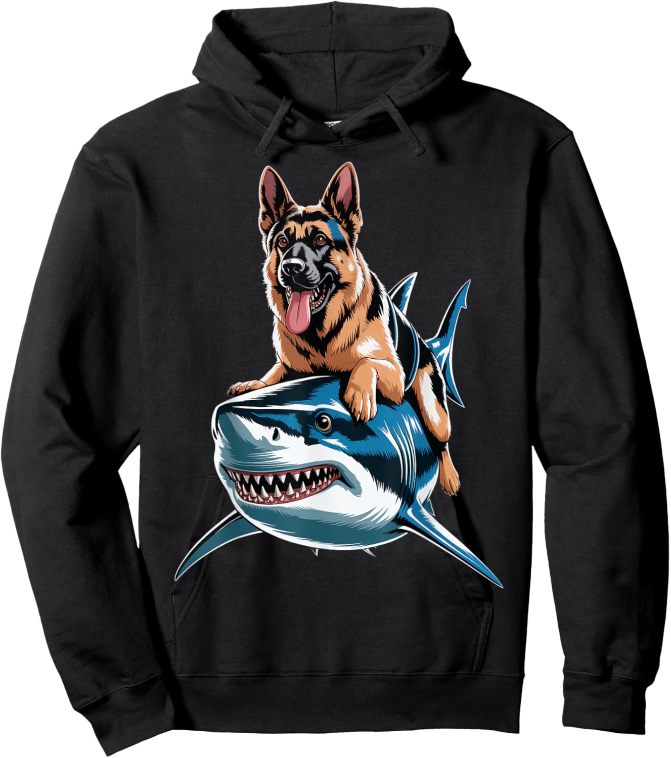 Funny German Shepherd Riding Shark Hoodie - Hoodie | Black