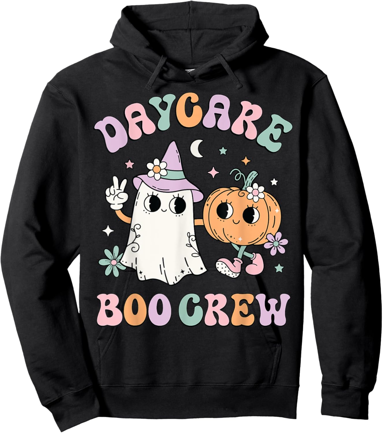 Daycare Boo Crew Groovy Halloween Floral Ghost Kid Teacher Hoodie - Hoodie | Black