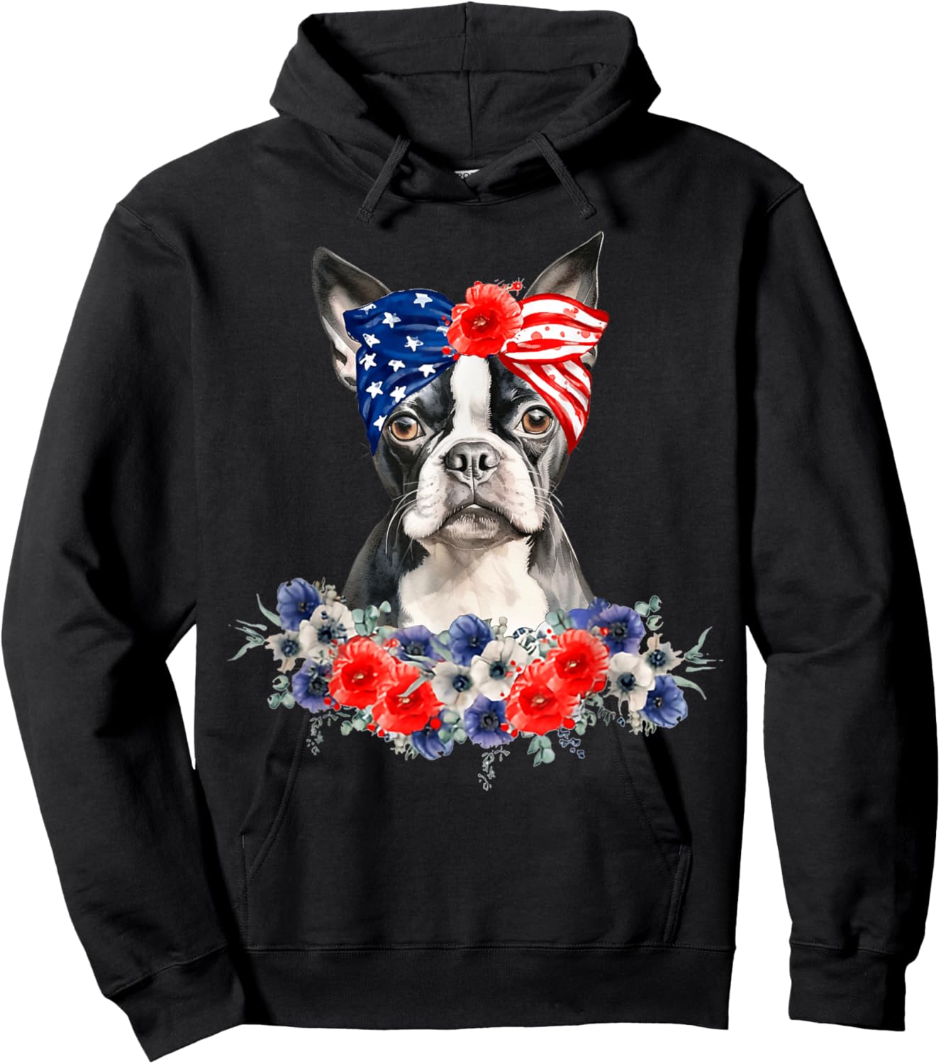 Boston Terrier Dog Bandana American Flag 4th Of July Hoodie - Hoodie | Black