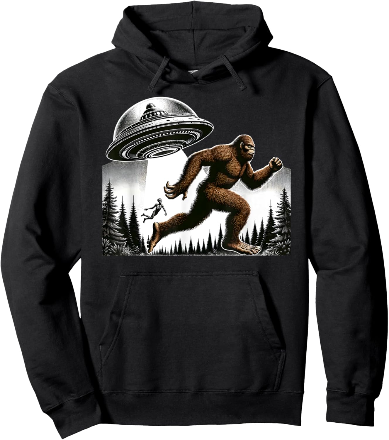 Bigfoot Sasquatch Running From Aliens In a UFO In Forest Hoodie - Hoodie | Black