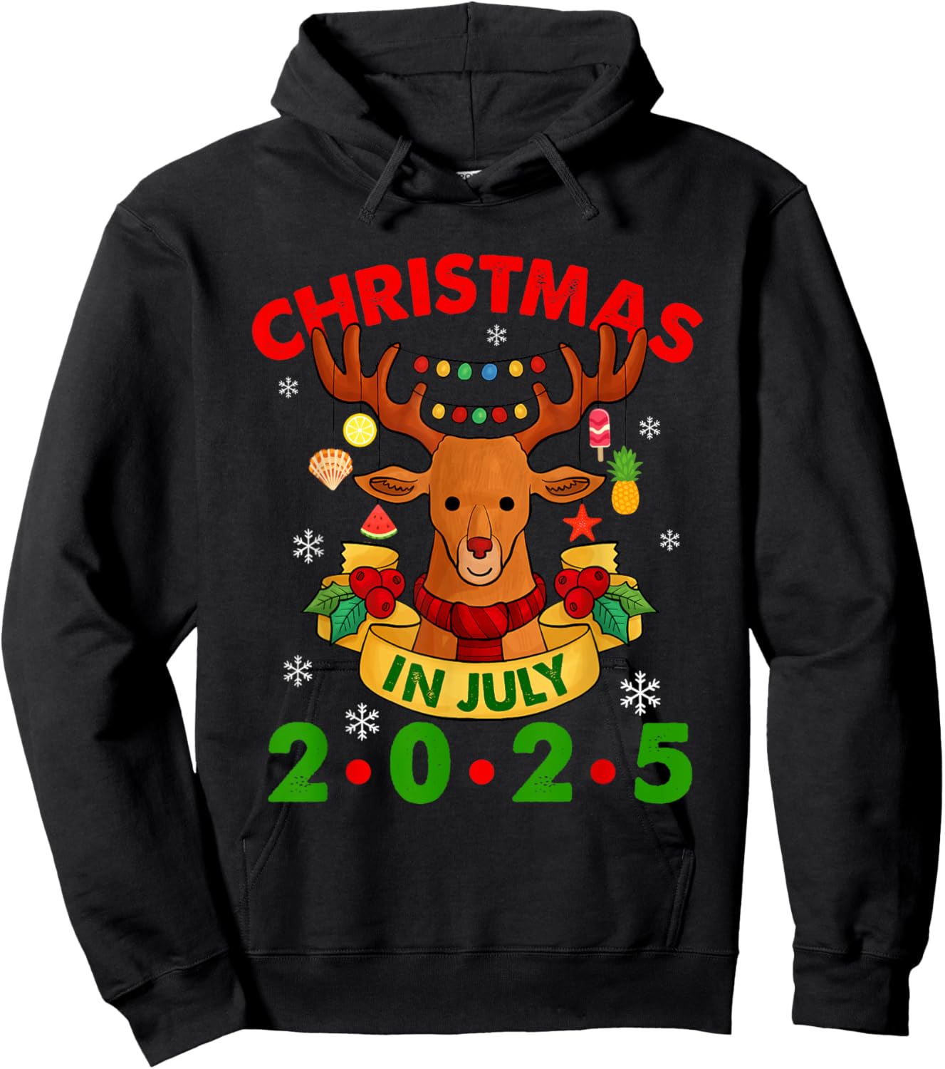 Christmas In July 2025 Reindeer Xmas Lights Summer Men Women Girls Kids Hoodie - Hoodie | Black