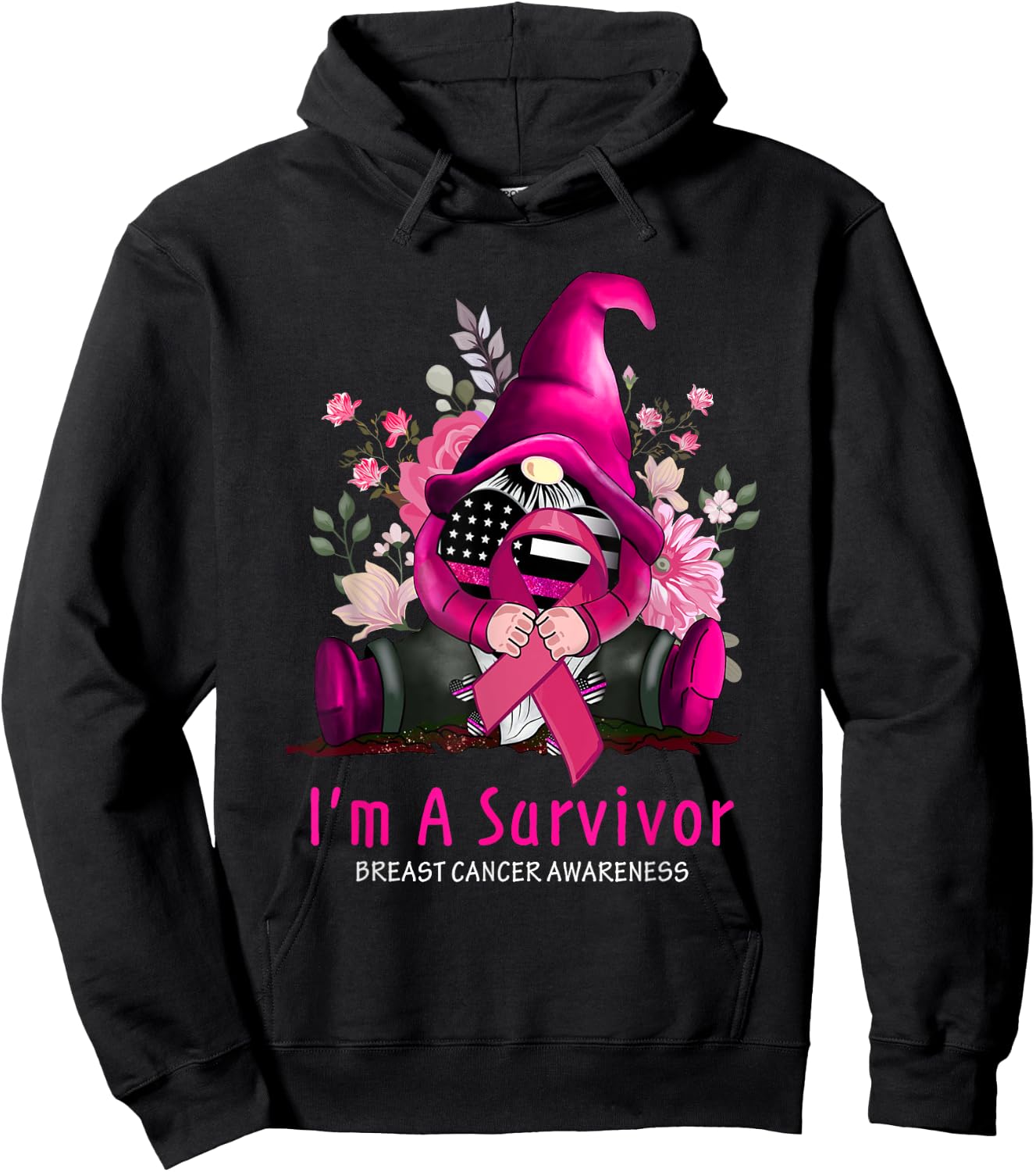 I’m A Survivor Gnome Pink Ribbon Breast Cancer Awareness Hoodie - Hoodie | Black