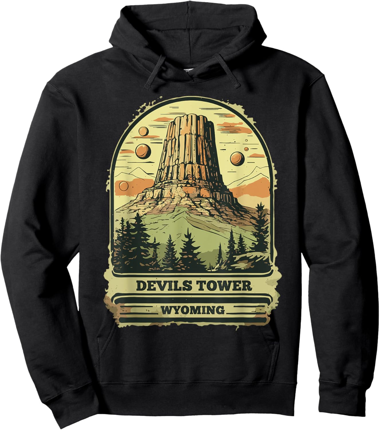 Devils Tower National Monument Wyoming Vintage Retro Travel Hoodie - Hoodie | Black