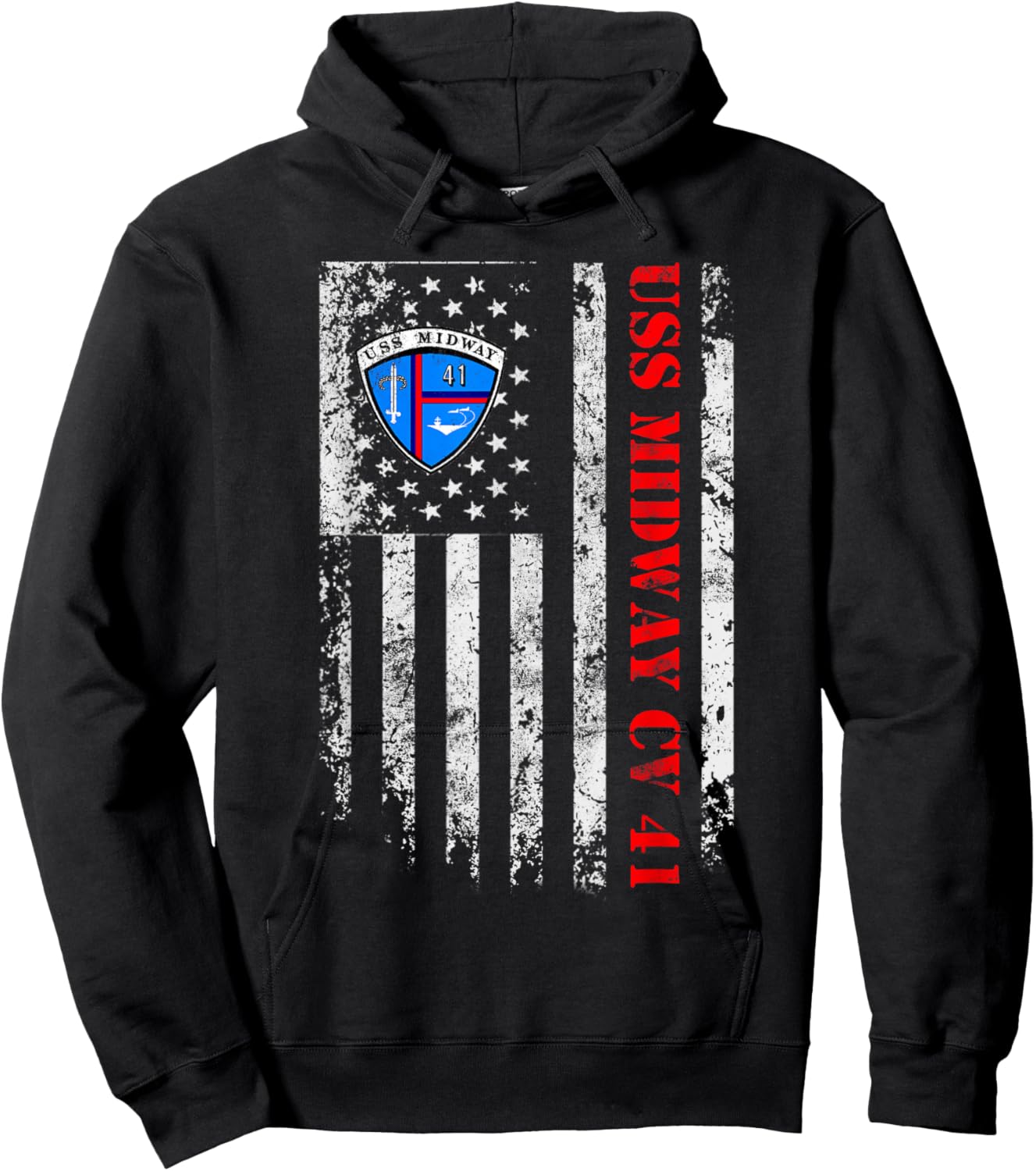USS Midway CV 41 Aircraft Carrier Veteran USA Flag Vintage Hoodie - Hoodie | Black
