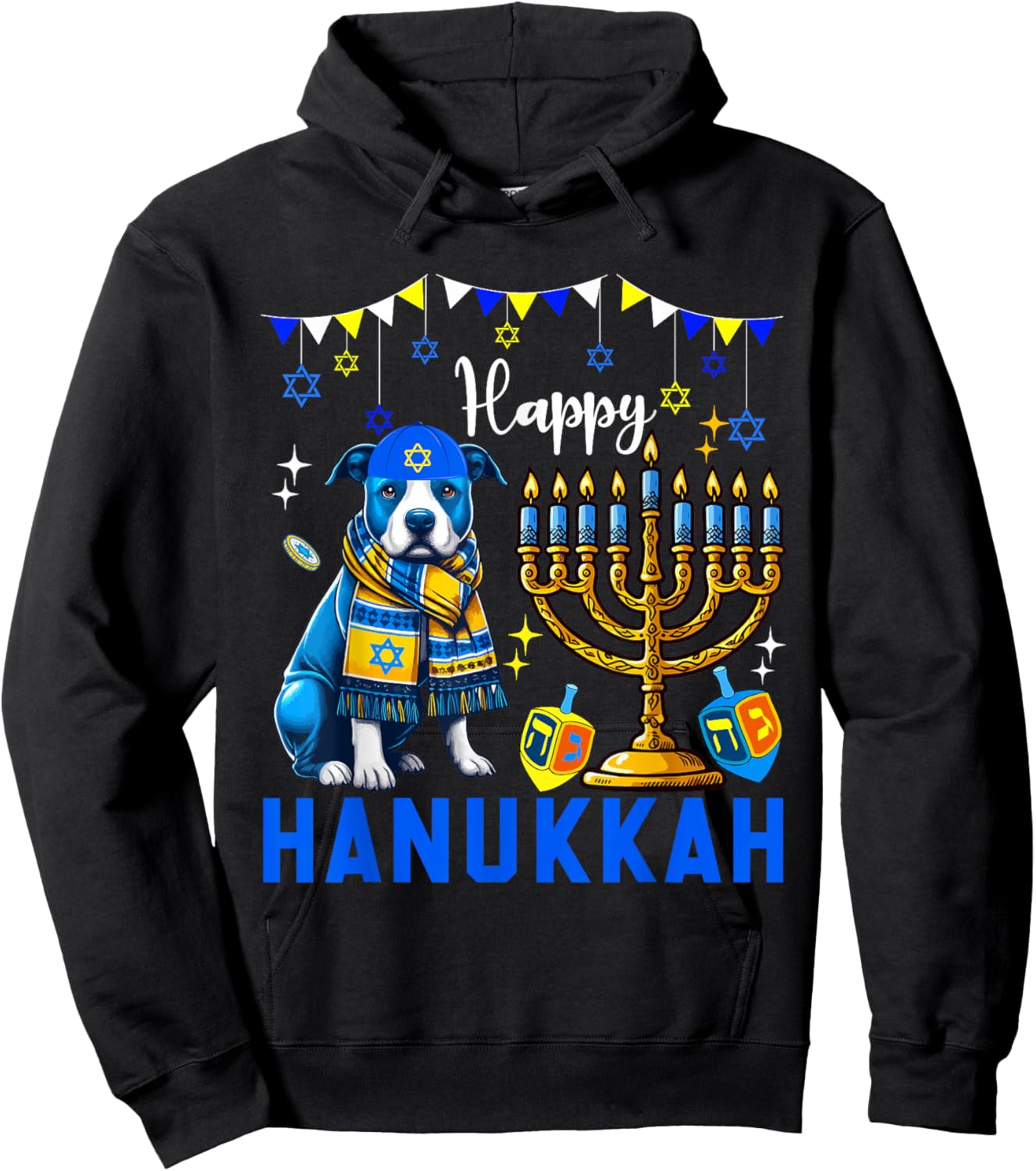 Happy Hanukkah Pit Bull Menorah Dreidel Dog Owner Lover Hoodie - Hoodie | Black