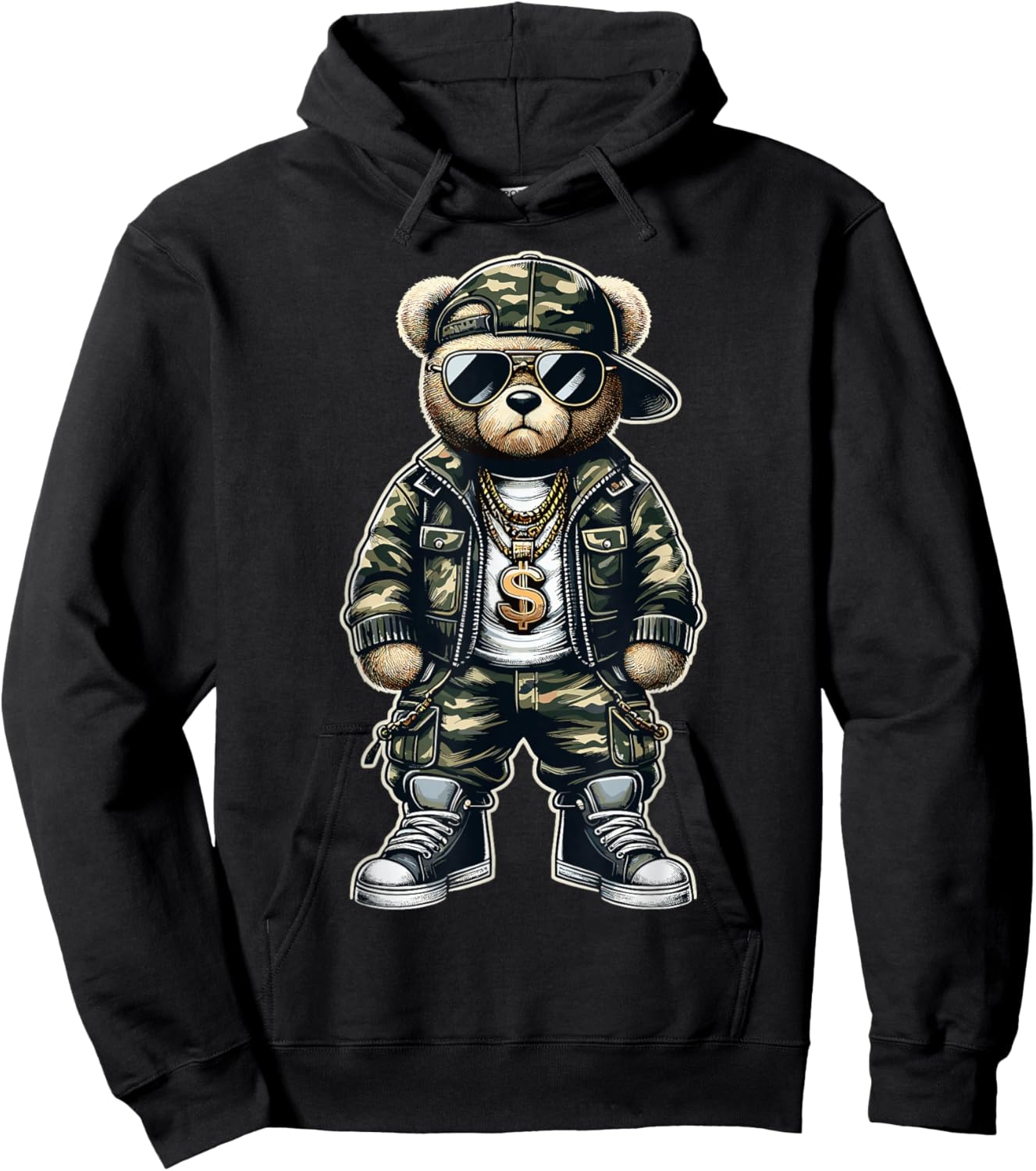 Camouflage Hip Hop Teddy Bear Hoodie - Hoodie | Black