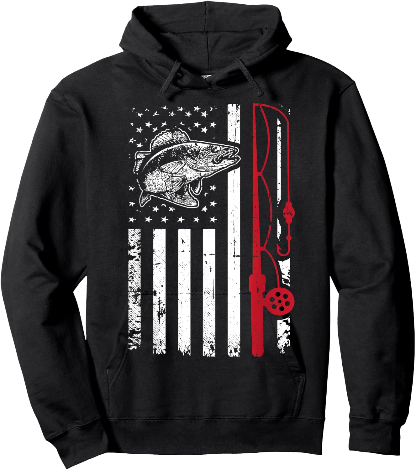 Vintage Walleye Fish T Shirt Fishing American Flag Gift Hoodie - Hoodie | Black
