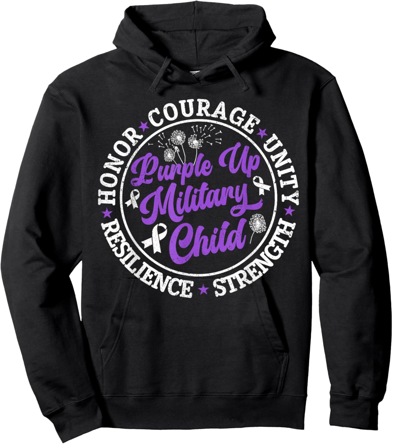 Purple Up Military Child 2024 Honor Courage Unity Dandelion Hoodie - Hoodie | Black
