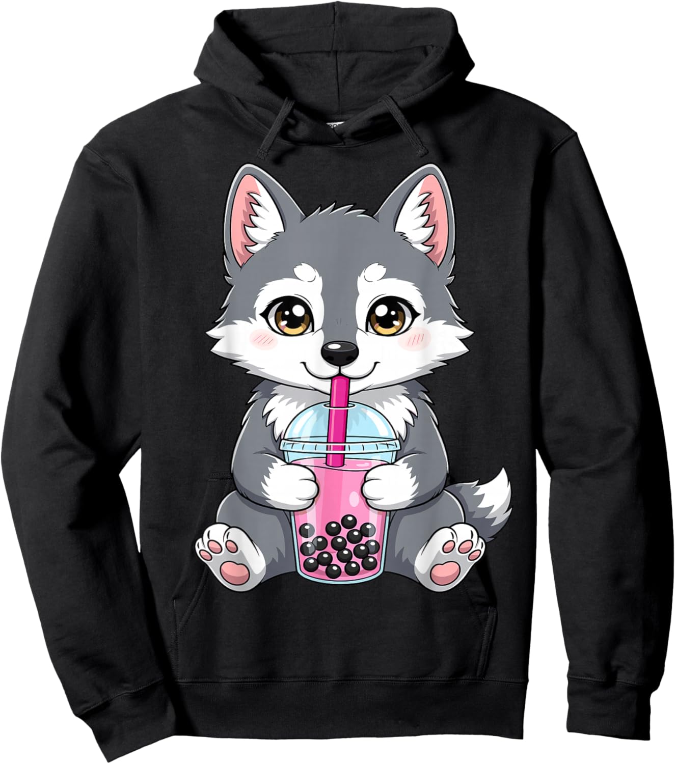Wolf with Boba Bubble Tea Cute Kawaii Hoodie - Hoodie | Black