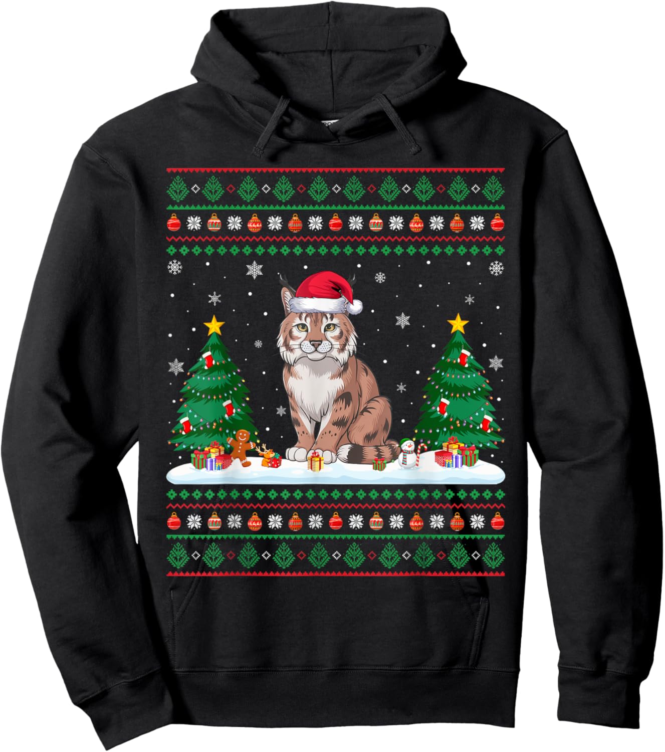 Christmas Tree Lights Bobcat Santa Ugly Xmas Sweater Men Women Kids Hoodie - Hoodie | Black