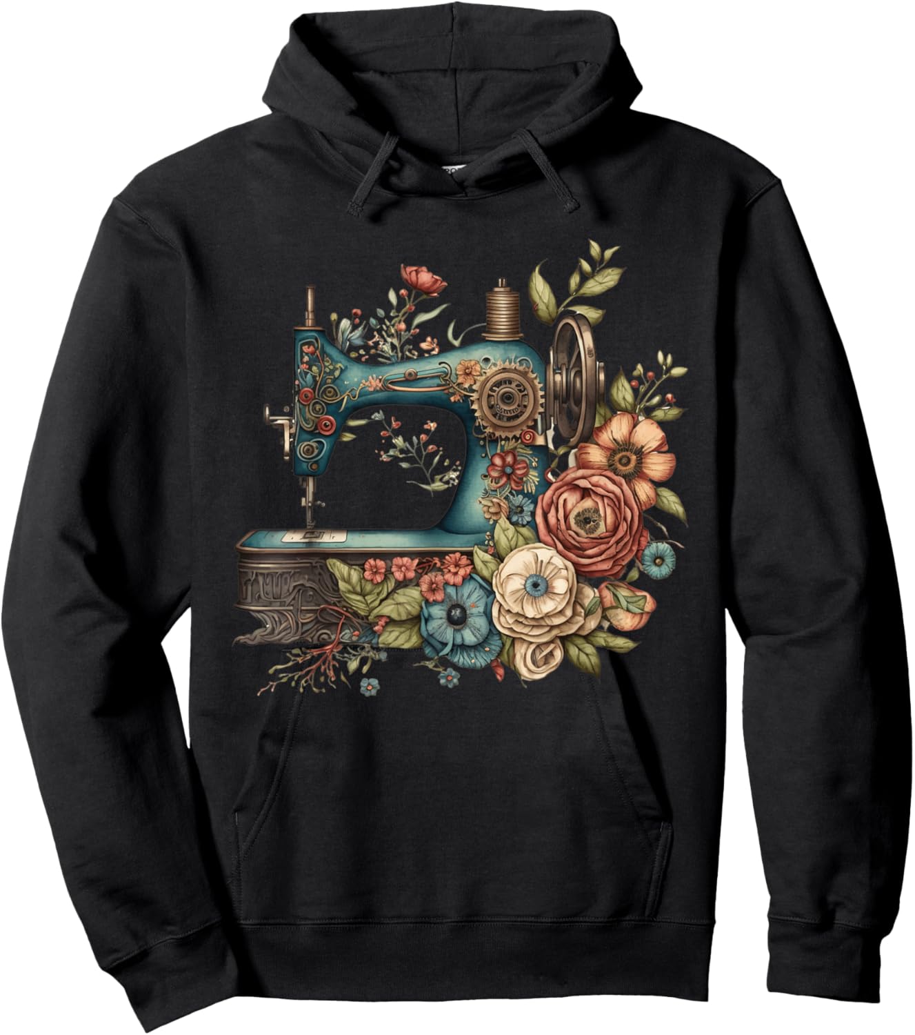 Floral Sewing Machine - Flower Seamstress Sewing Machine Hoodie - Hoodie | Black