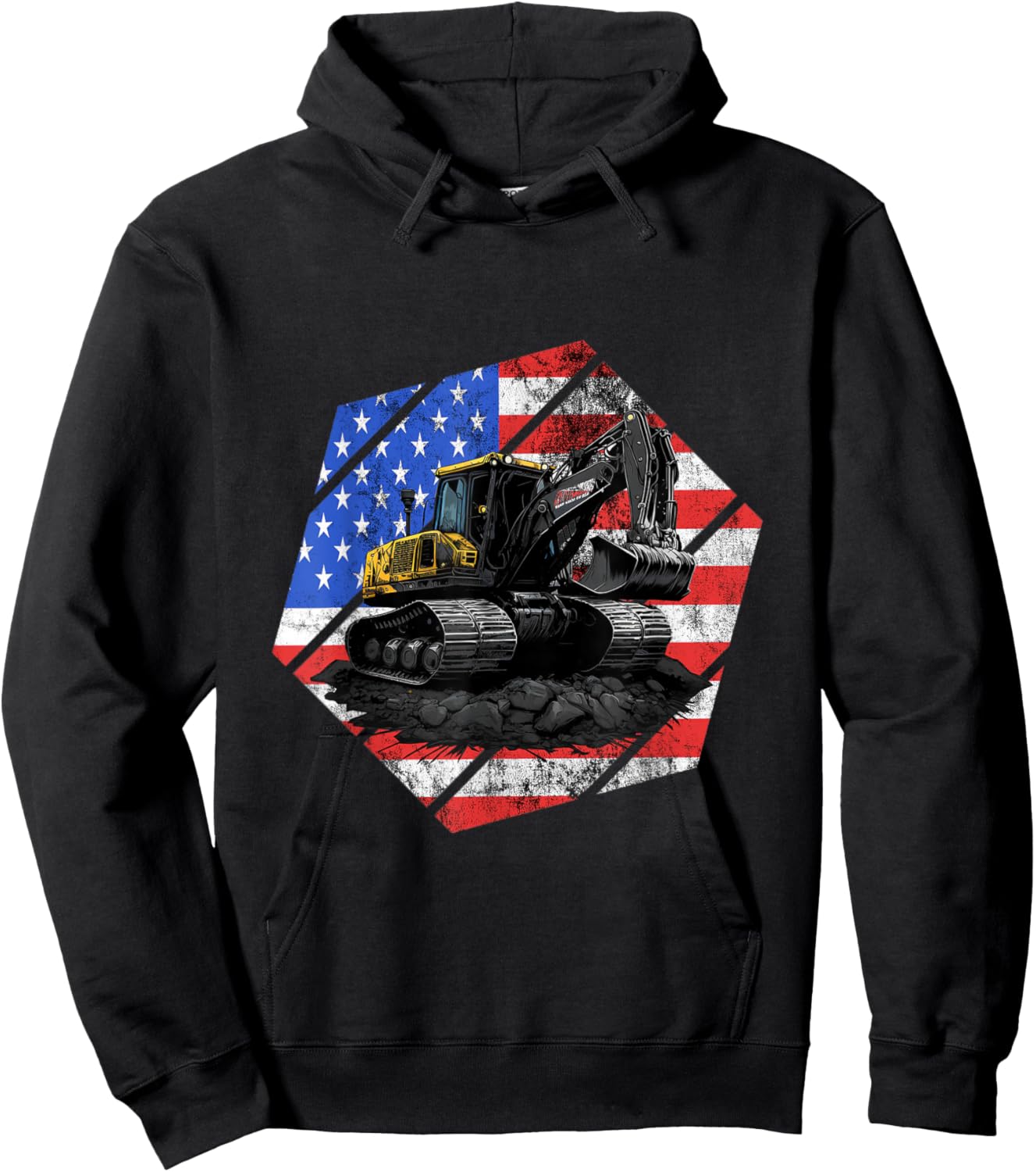 Vintage Excavator Backhoe USA Flag Construction Truck Hoodie - Hoodie | Black