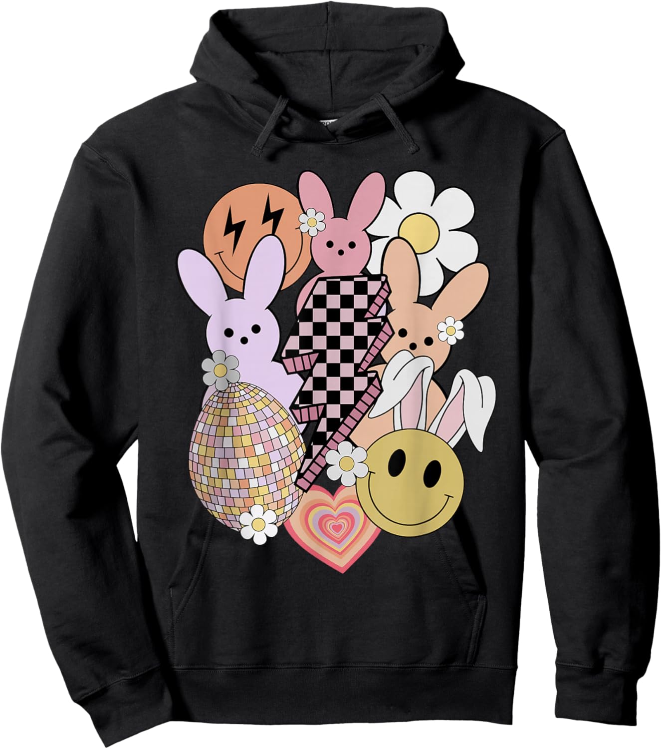 Retro Groovy Easter Vibes Smile Face Rabbit Bunny Women Girl Hoodie - Hoodie | Black