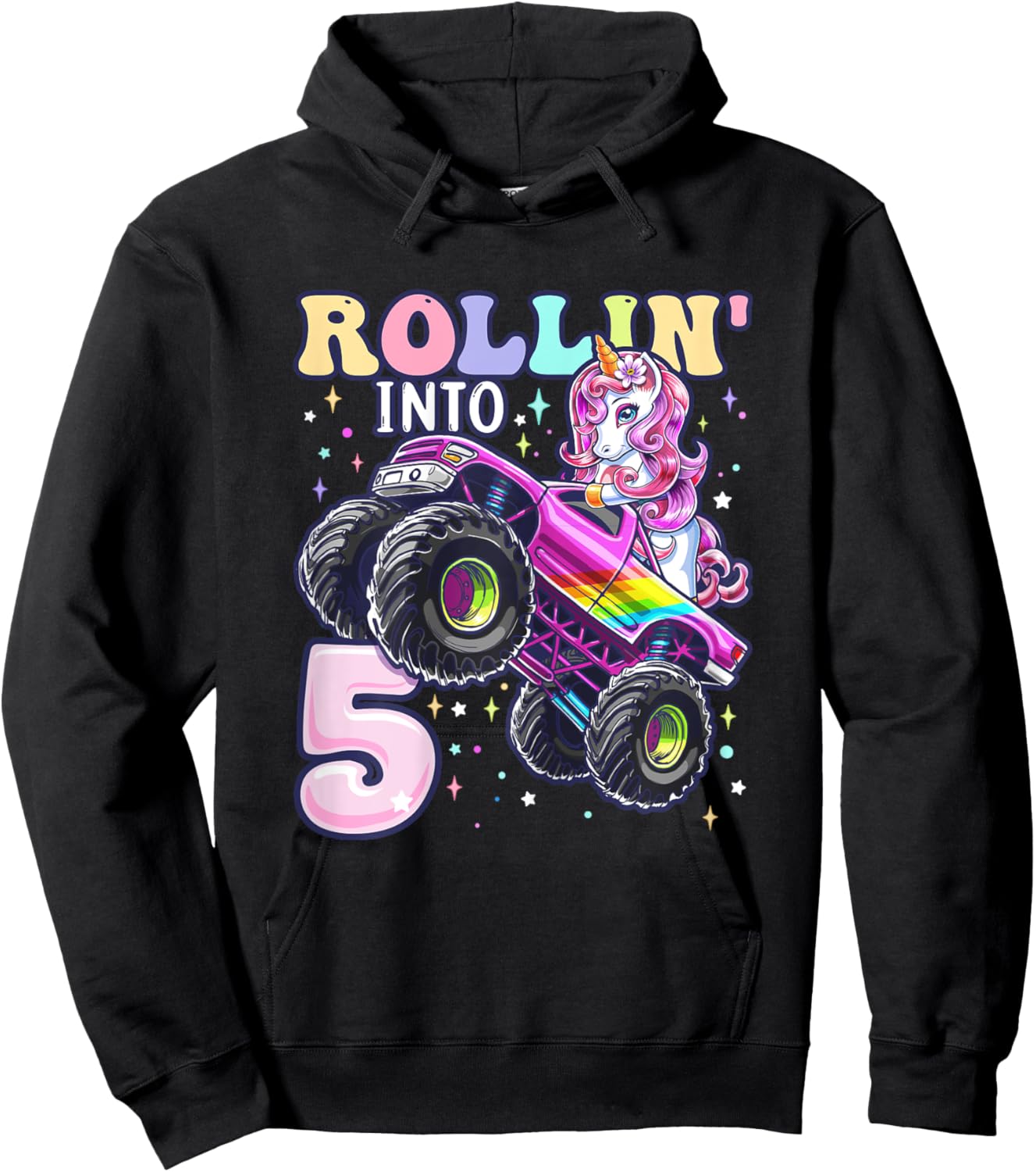 Unicorn Monster Truck 5th Birthday 5 Year Old Girls Party Hoodie - Hoodie | Black
