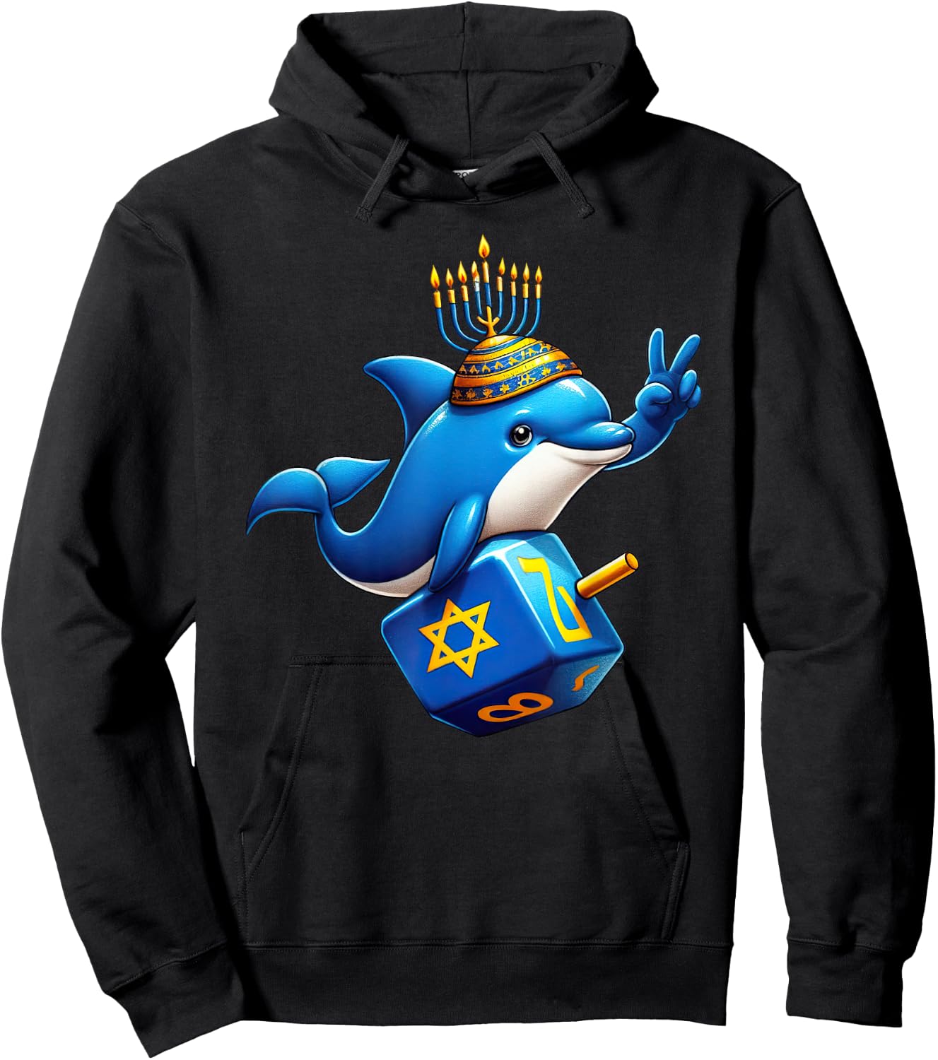 Dolphin Menorah Dreidel Jewish Hanukkah Kids Hoodie - Hoodie | Black