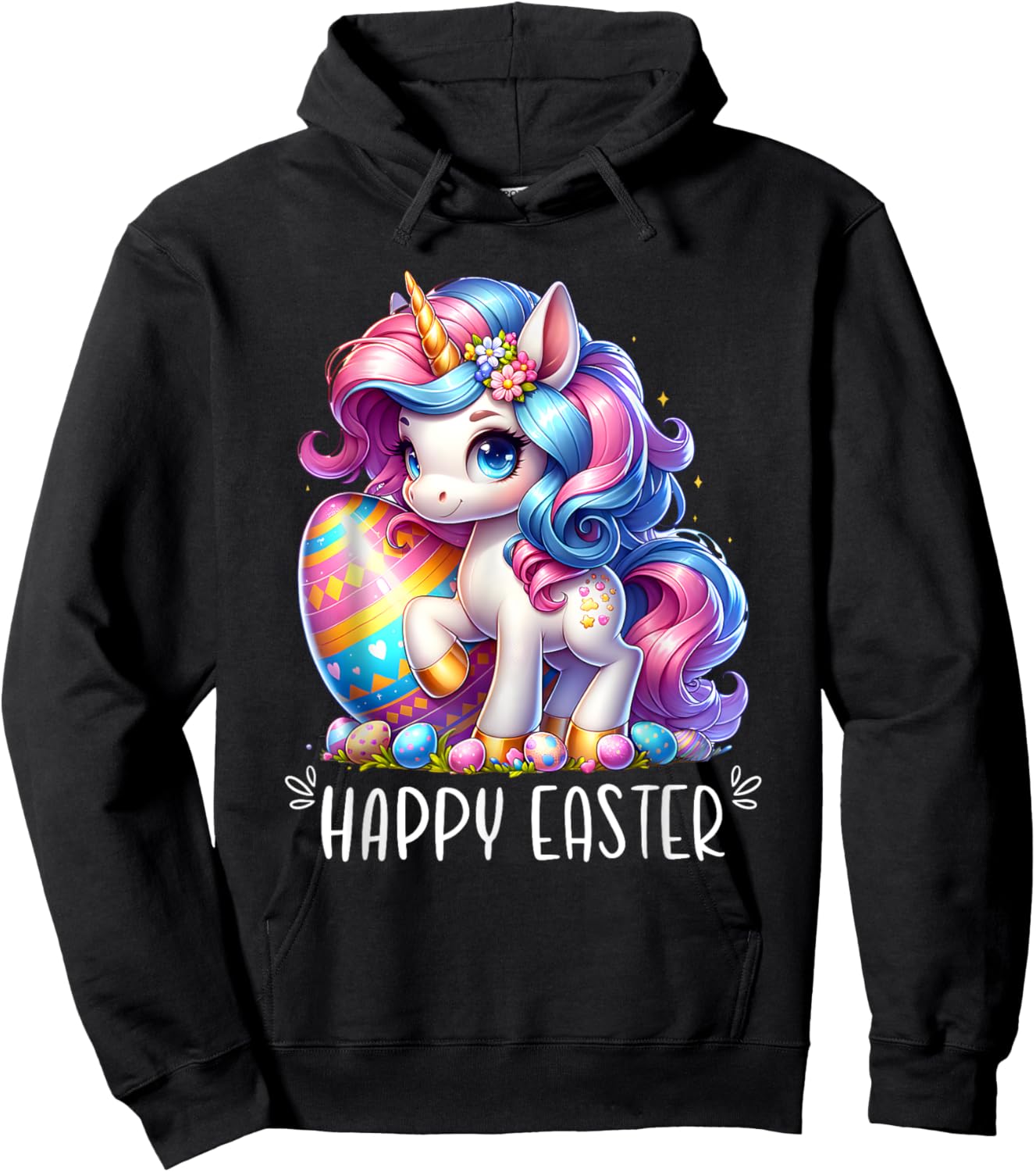 Unicorn Happy Easter Day Bunny Rainbow Egg Girls Kids Hoodie - Hoodie | Black