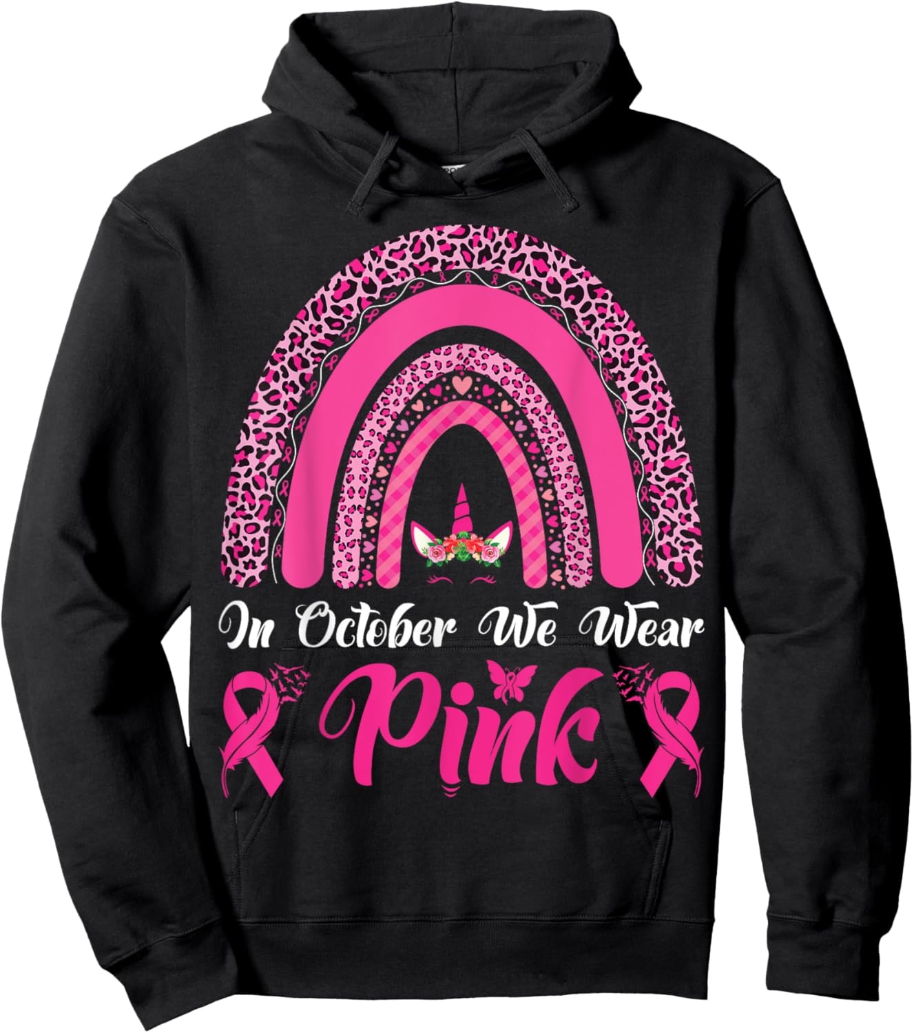 In October We Wear Pink Ribbon Unicorn Leopard Rainbow Hoodie - Hoodie | Black