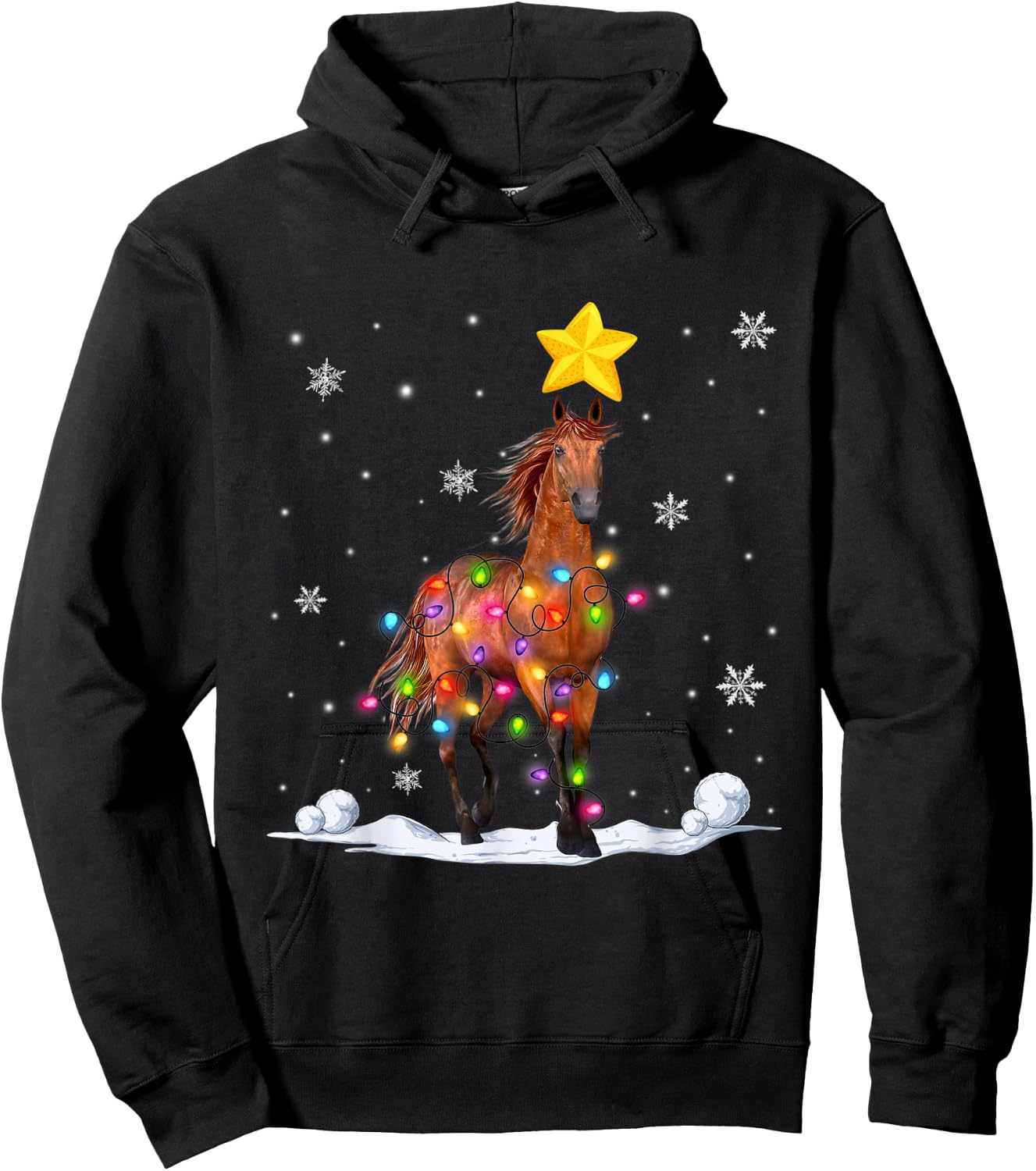 Funny Xmas Horse Animals Lover Christmas Tree Lights Hoodie - Hoodie | Black