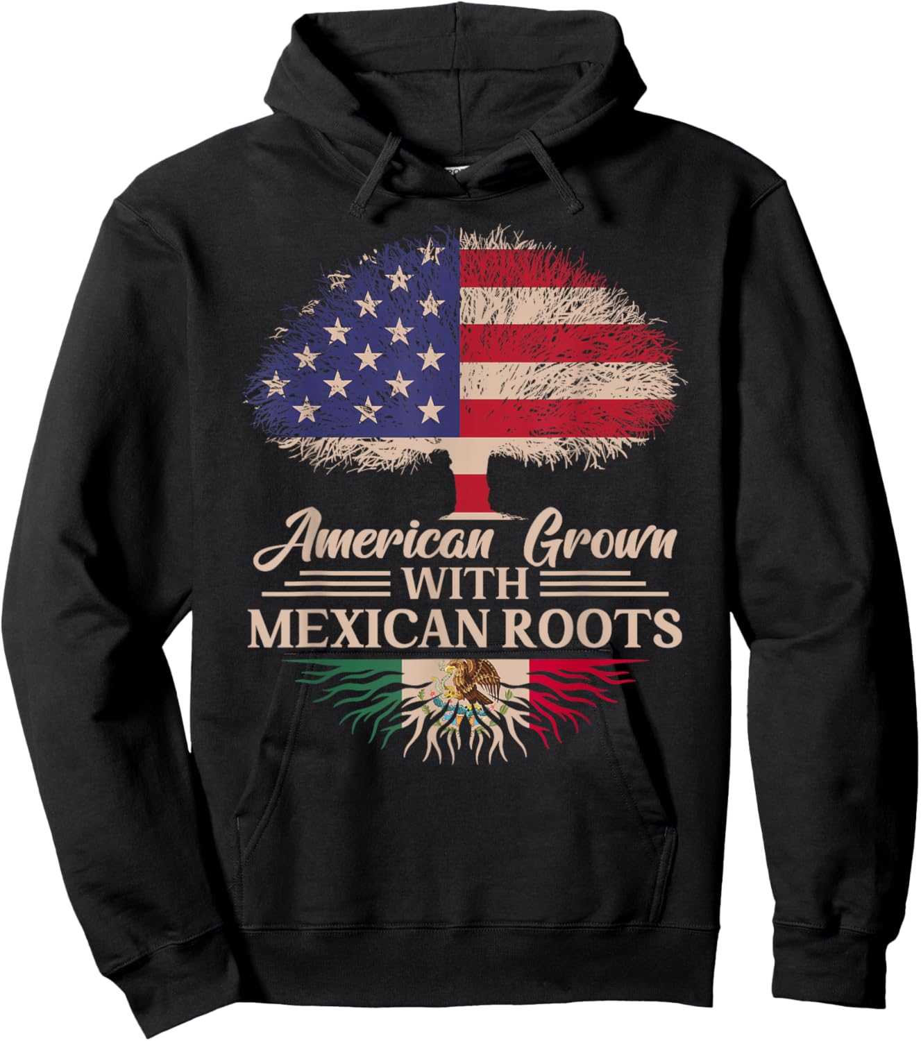 American Grown With Mexican Roots Half American Flag Mexican Hoodie - Hoodie | Black