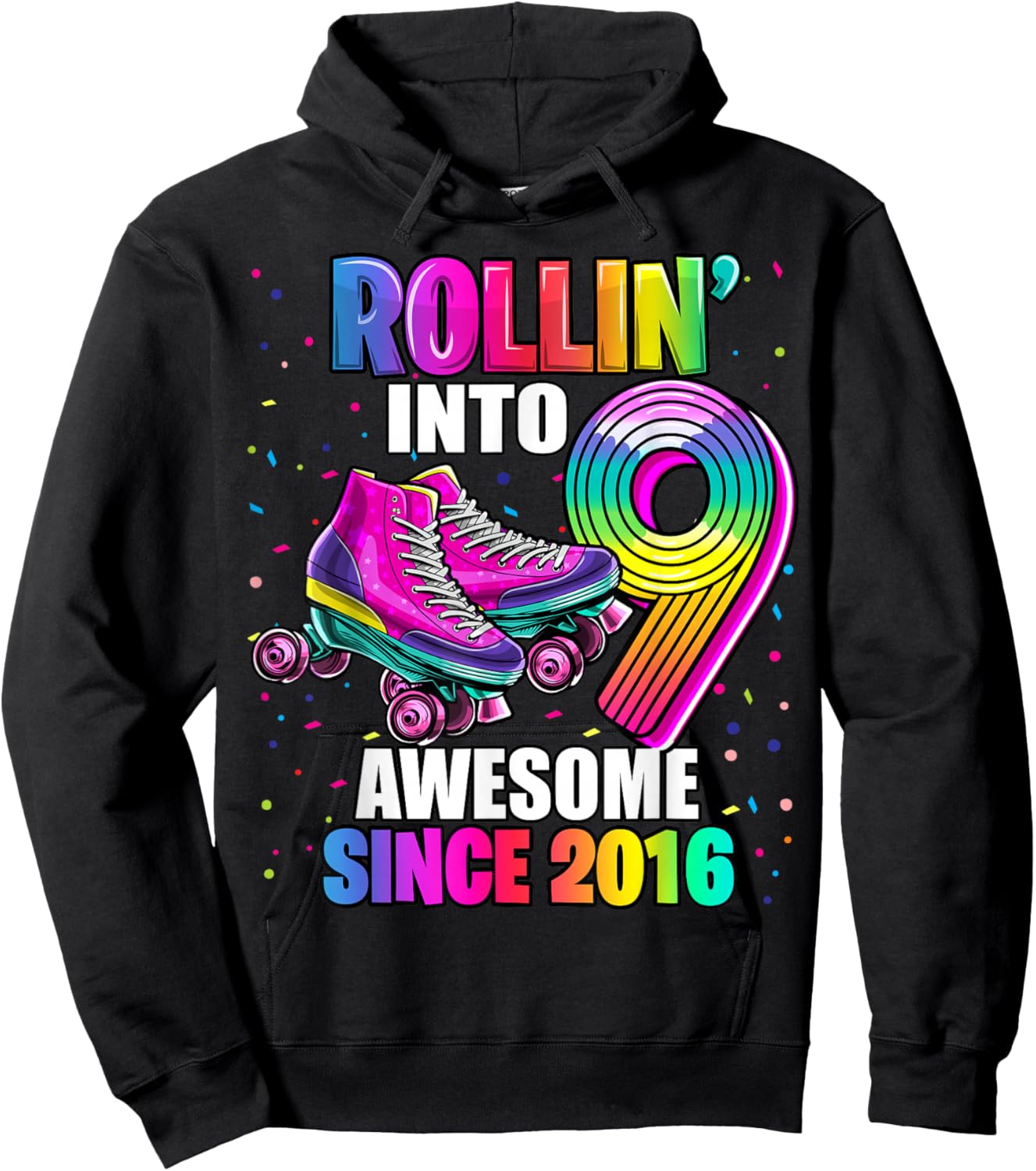Birthday Roller Skating 9th Girls Rollin into 9 Skate Party Hoodie - Hoodie | Black