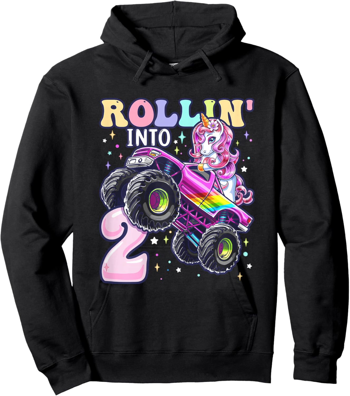 Unicorn Monster Truck 2nd Birthday 2 Year Old Girls Party Hoodie - Hoodie | Black