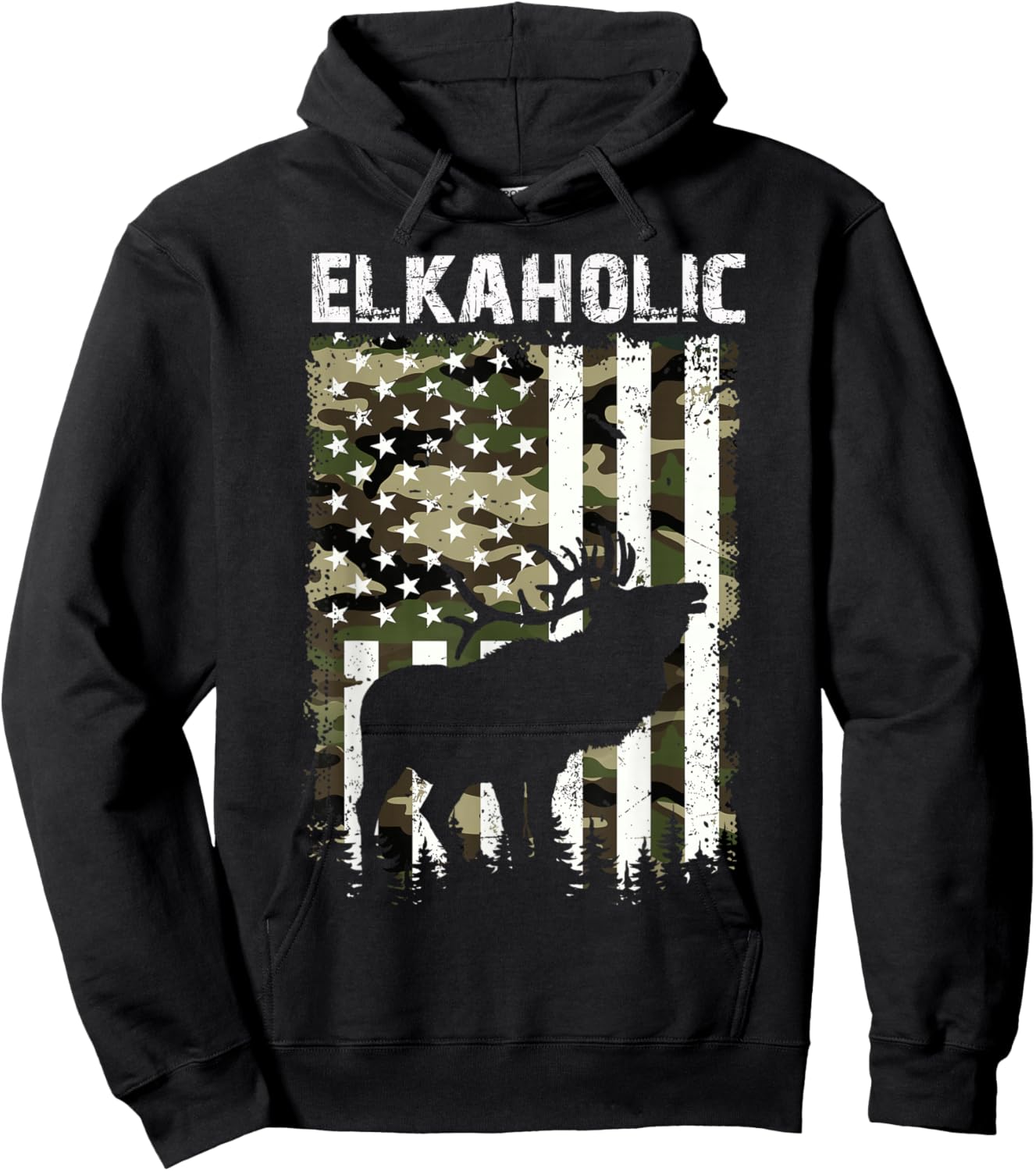 Elk Hunting Elkaholic Hunters Funny US Flag Hunting Lovers Hoodie - Hoodie | Black