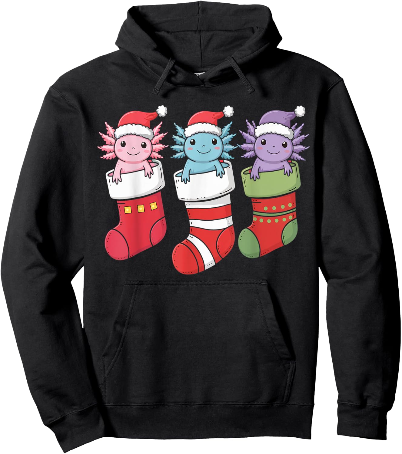 Axolotl Stocking Santa Hat Christmas Kawaii Holiday Xmas Hoodie - Hoodie | Black