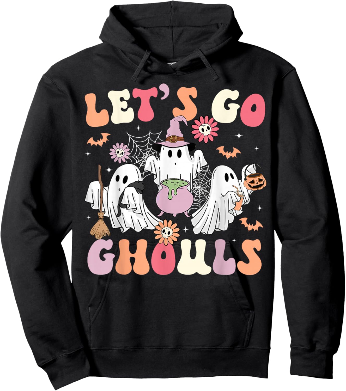 Let's Go Ghouls Halloween Costume Ghost Witch Groovy Retro Hoodie - Hoodie | Black