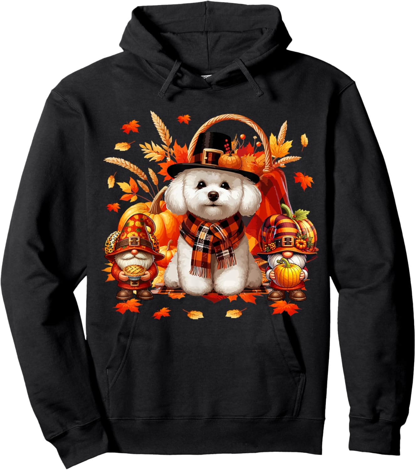 Thanksgiving Bichon Frise With Gnomes Fall Leaves Pumpkins Hoodie - Hoodie | Black