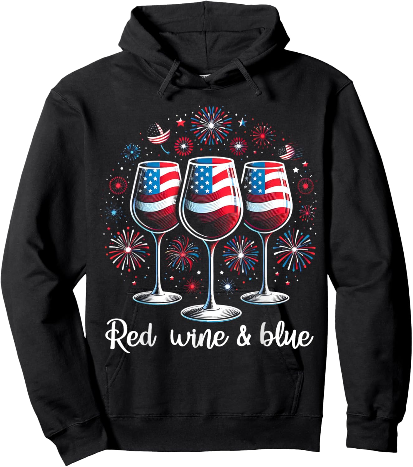 Red Wine & Blue 4th Of July Wine Red White BLue Wine Glasses Men Hoodie - Hoodie | Black