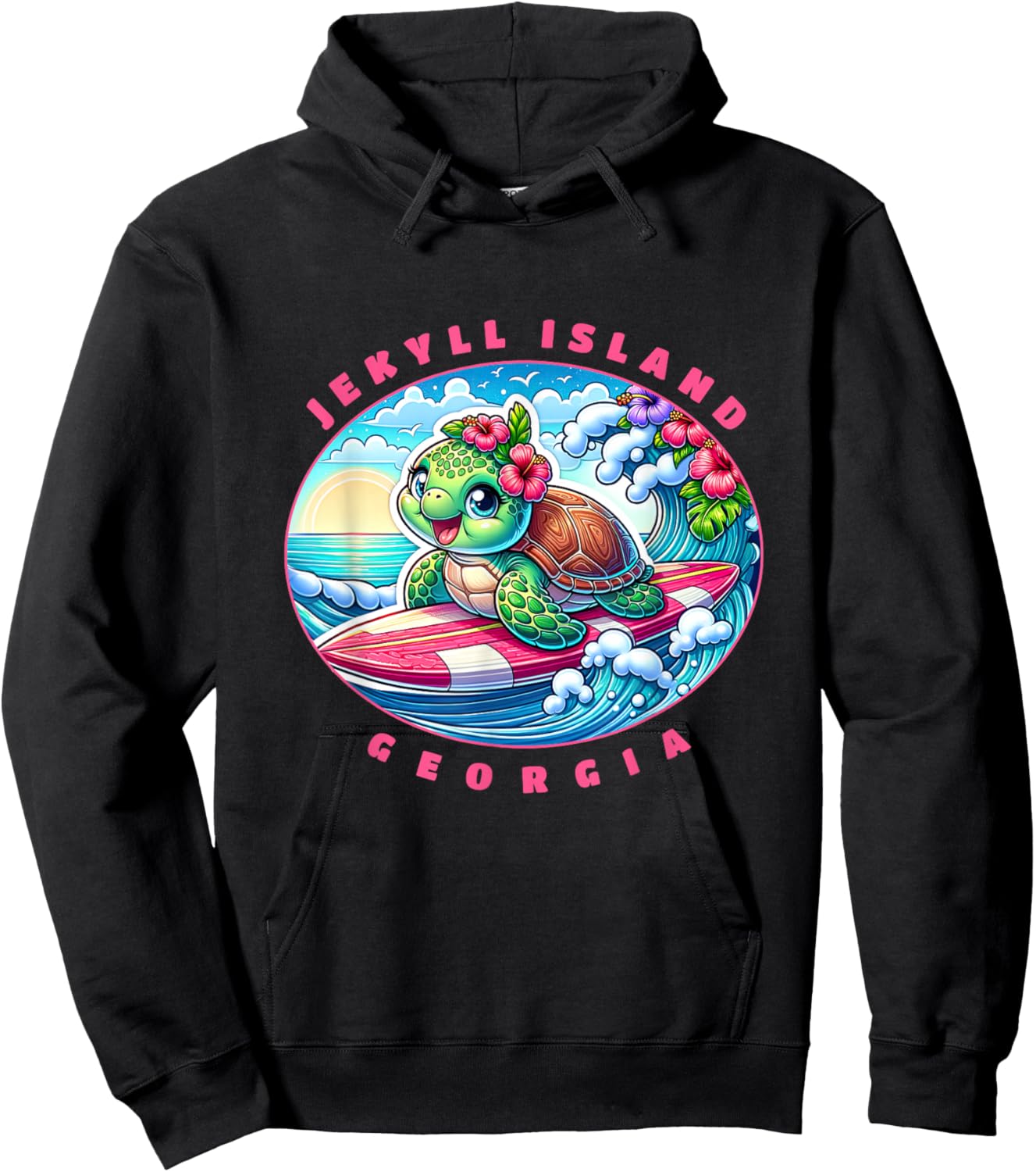 Jekyll Island Georgia Girls Cute Surfing Sea Turtle Hoodie - Hoodie | Black