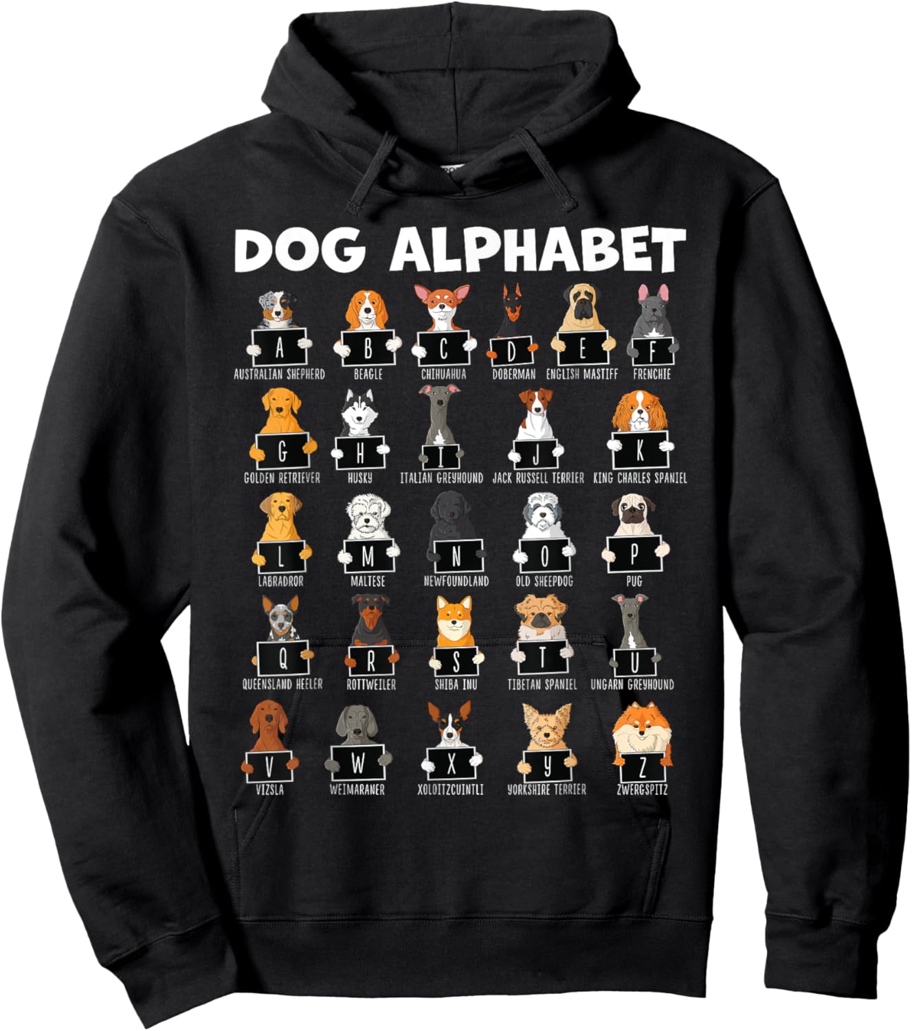Types Of Dogs Alphabet A-Z ABC Dog Identification Women Girls Kids Hoodie - Hoodie | Black