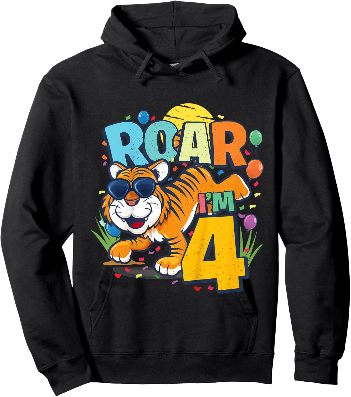 Kids 4th Birthday ROAR I'M 4 Year Old Boys Tiger Safari Gift Top Hoodie - Hoodie | Black