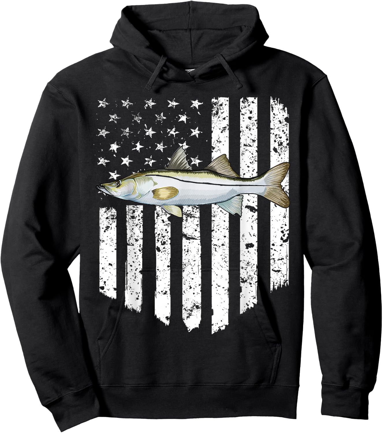 Black White American Flag Snook 4th Of July Fish Hoodie - Hoodie | Black