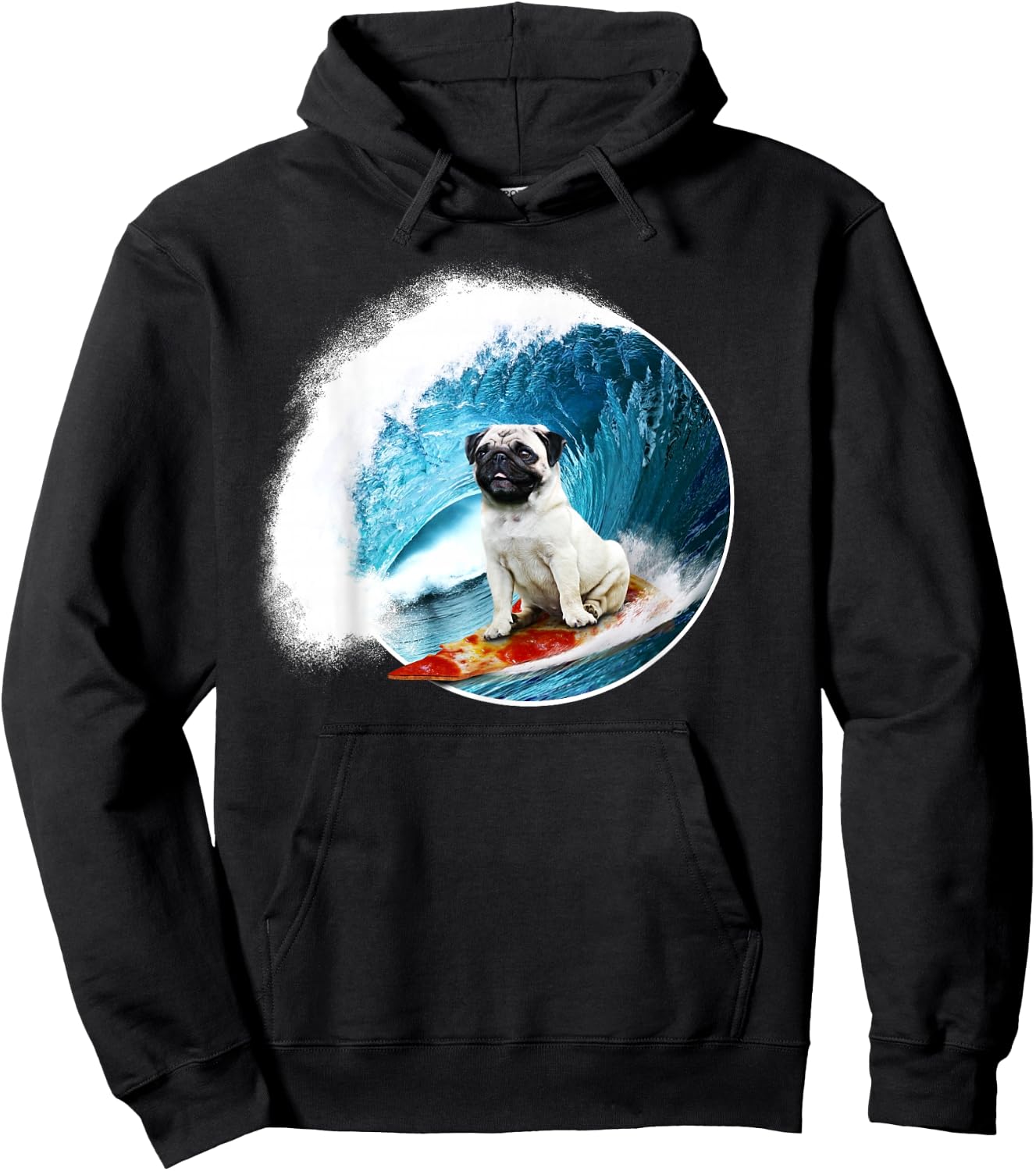 Funny Pug - Surfing Pug riding a ocean Wave on a Pizza Hoodie - Hoodie | Black